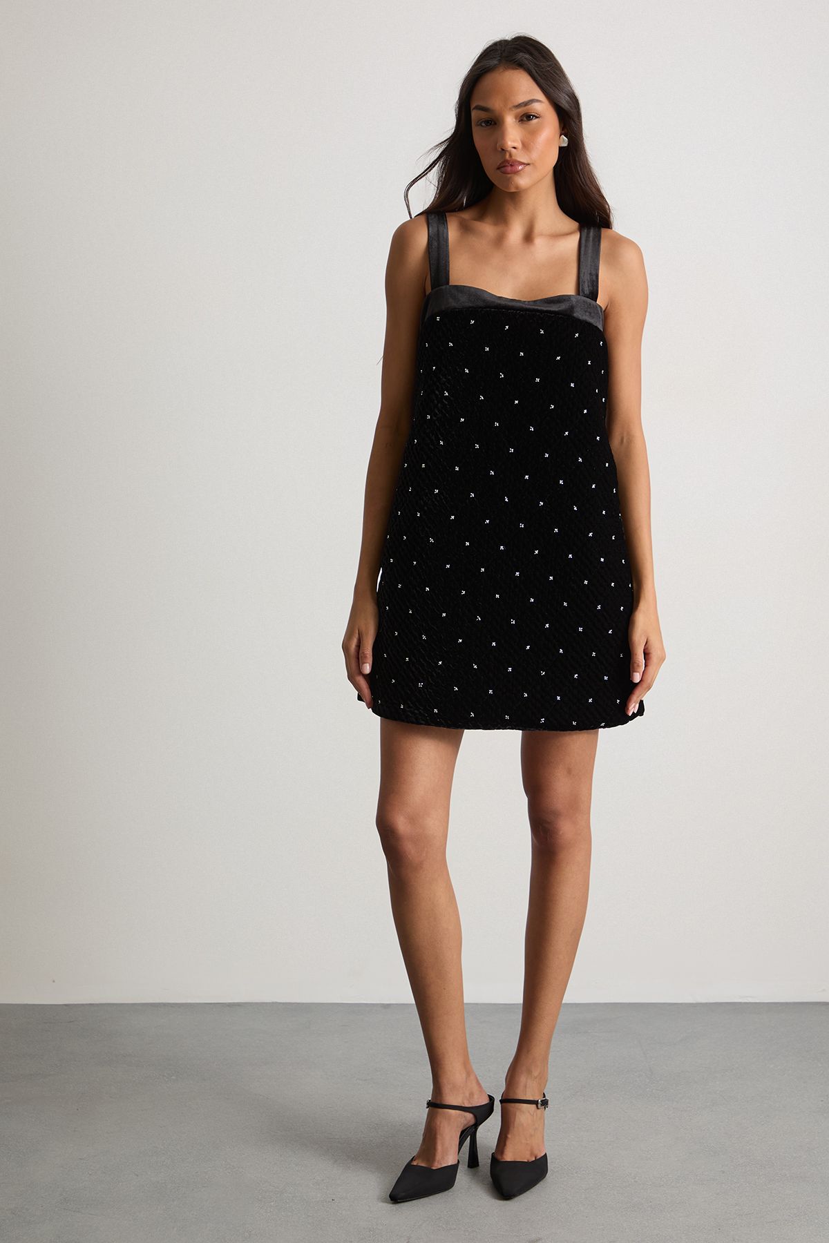 Warehouse Embellished Quilted Velvet Pinafore Dress Black