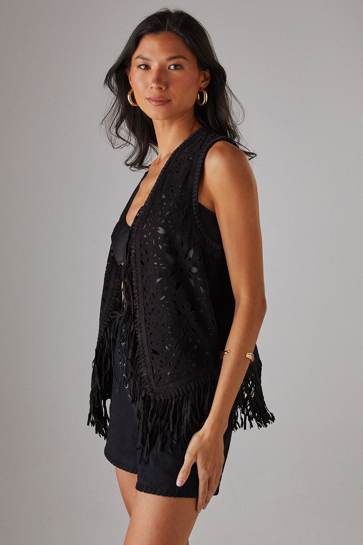 Warehouse Real Suede Fringed Waistcoat Black image 1