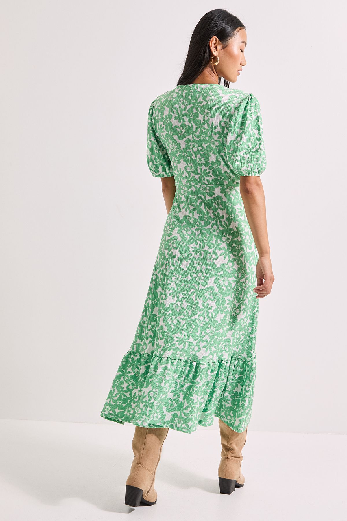 Dorothy Perkins Petite Green Floral Puff Sleeve Wrap Front Midi Dress Floral image 3
