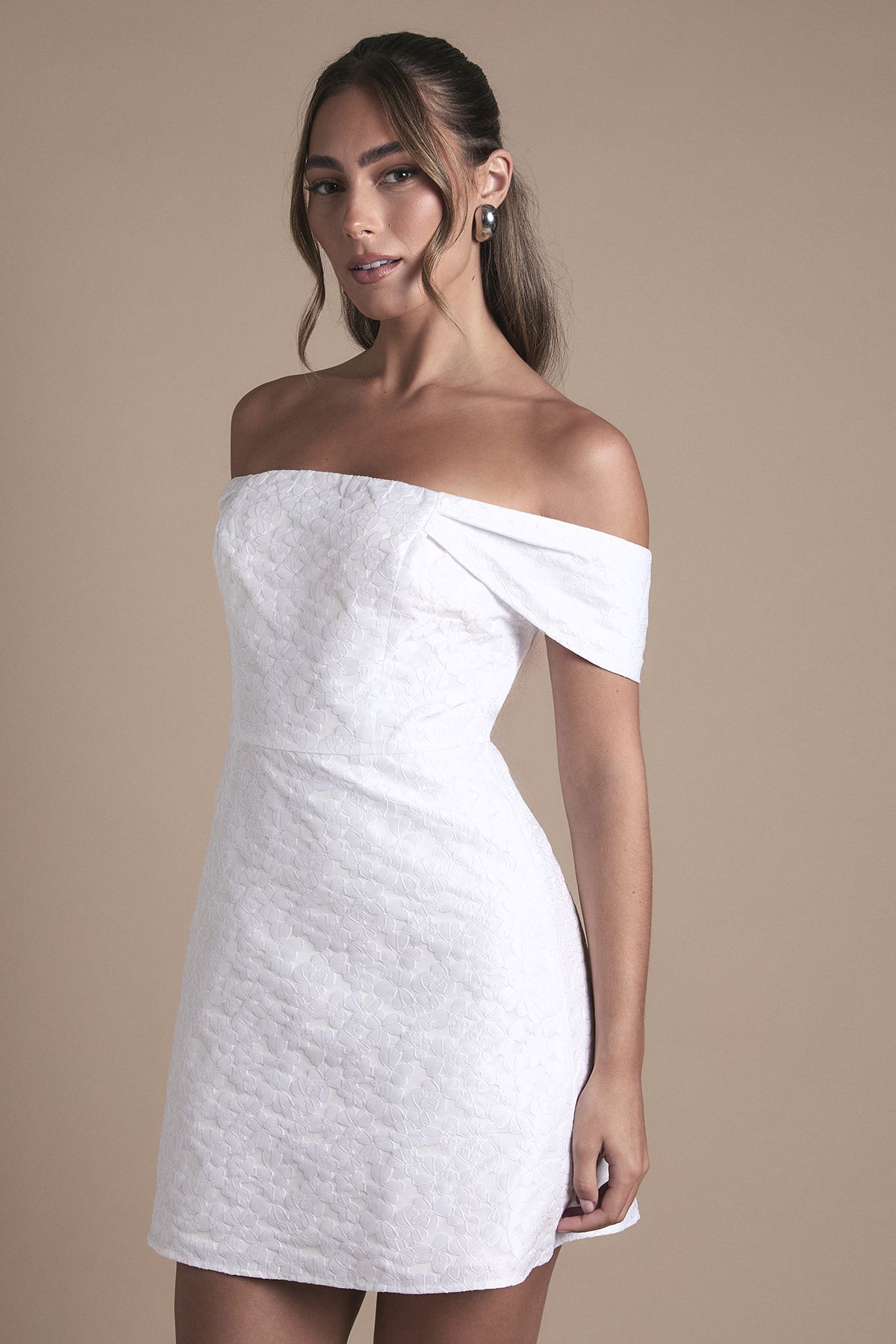 Oasis Off The Shoulder Jacquard Wedding Mini Dress Ivory image 1