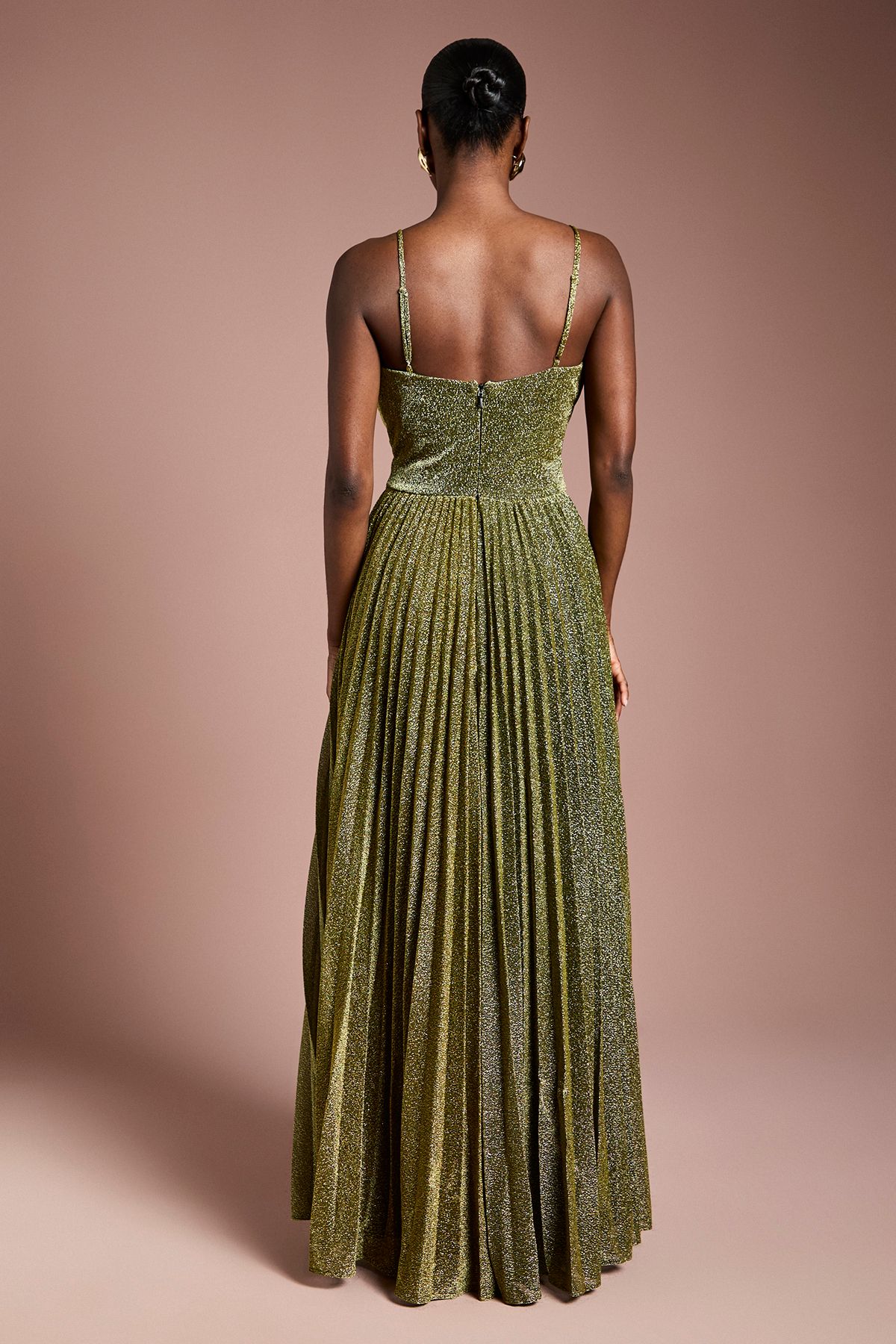 Coast V neck Cami Shimmer Pleated Maxi Dress Gold image 3