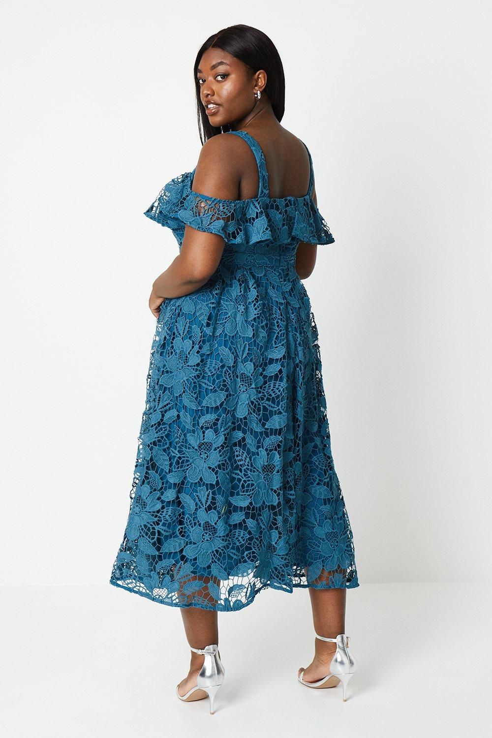 Coast Plus Bardot Frill Top Lace Midi Dress Navy image 3