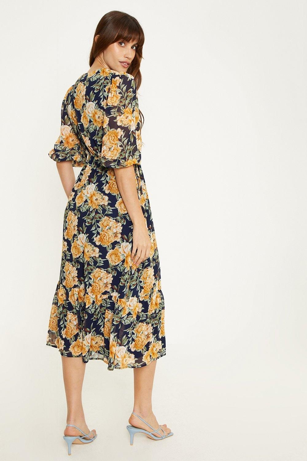 Oasis Floral chiffon button front midi dress Navy image 3