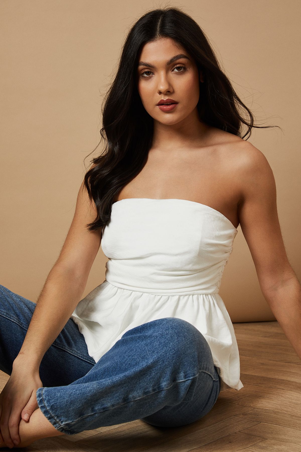 Oasis Strapless Gathered Peplum Top White image 1