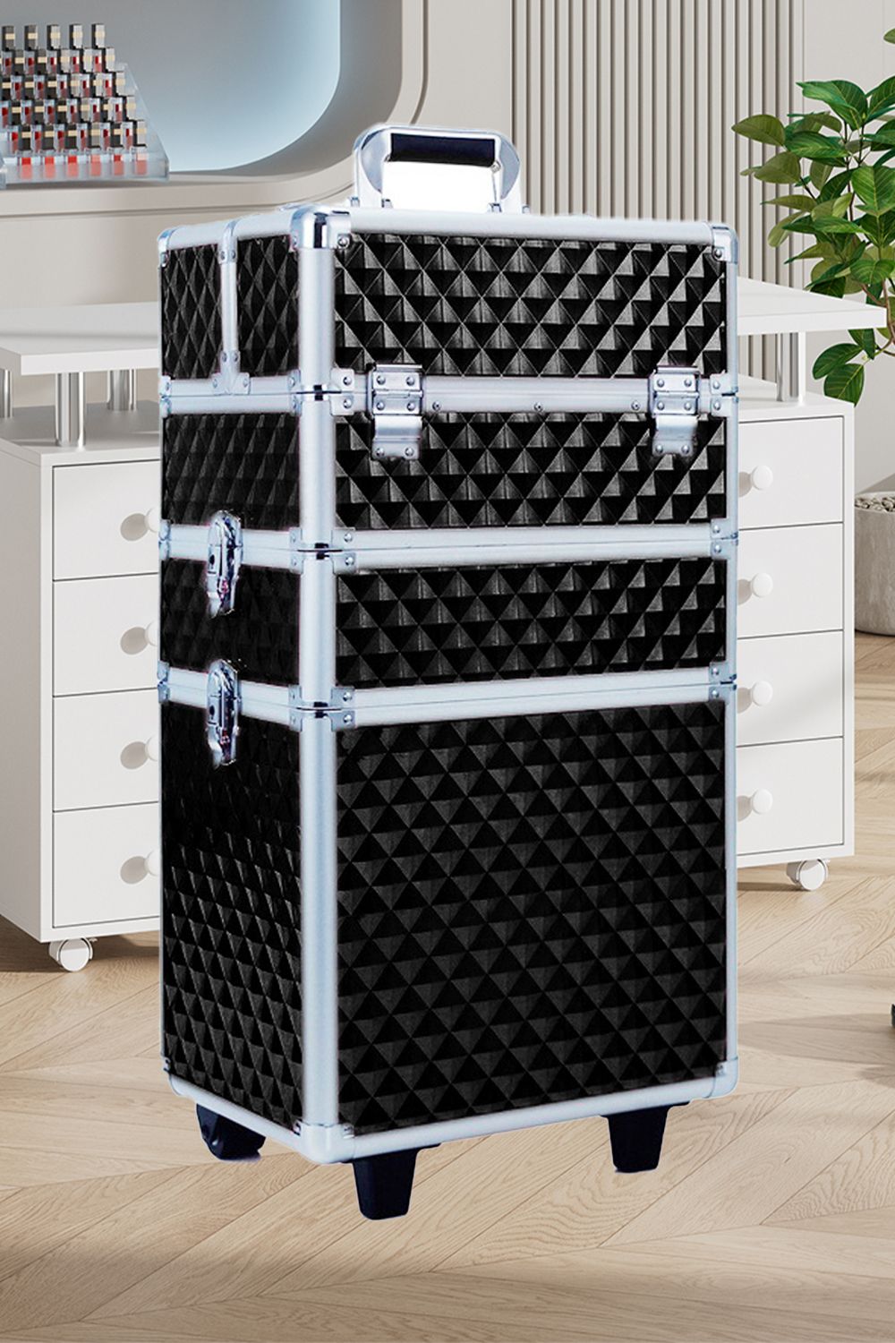 Living and Home Diamond Pattern Cosmetic Makeup Train Case image 1