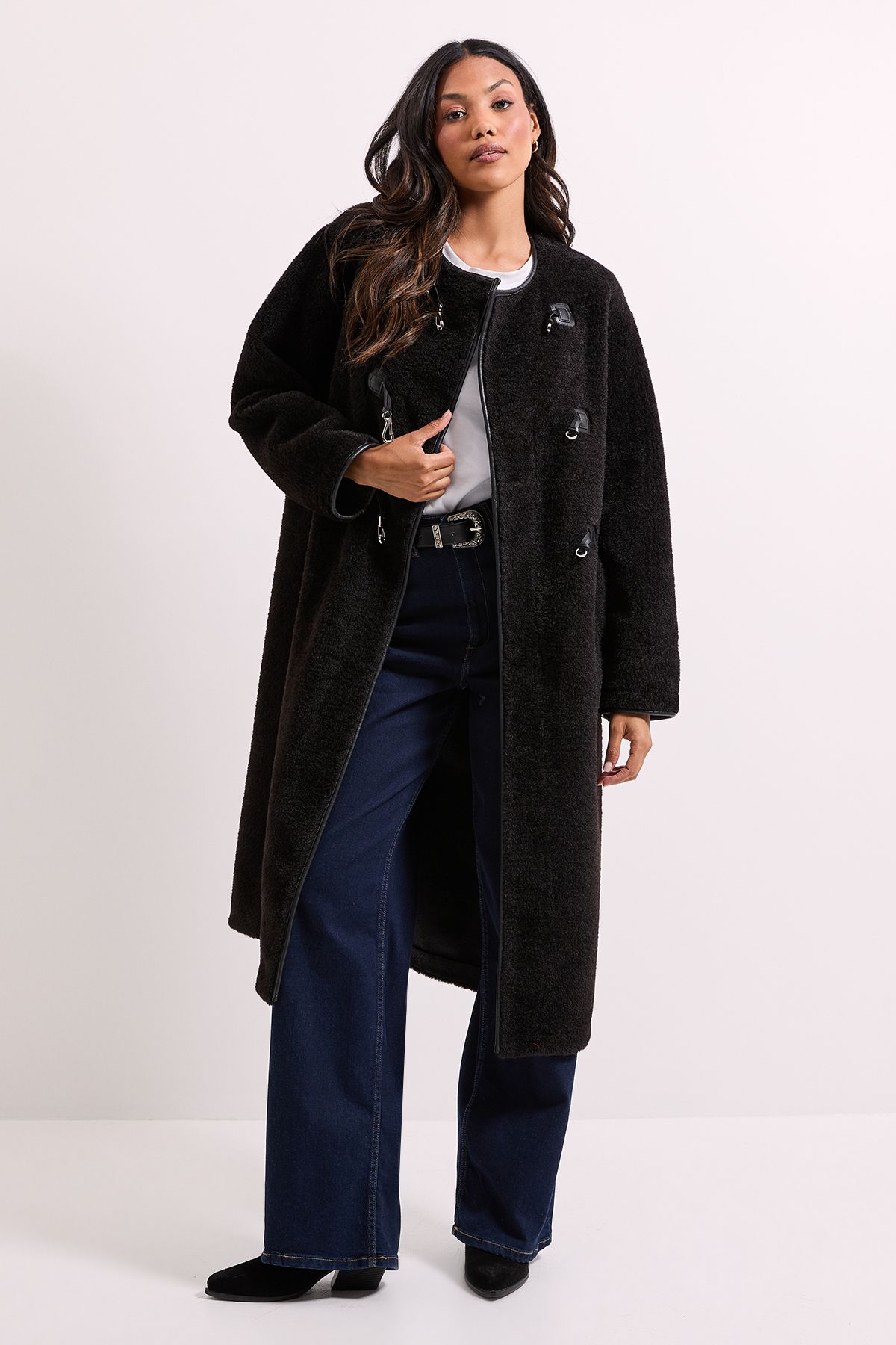 Dorothy Perkins Toggle PU Detail Borg Coat Black image 1