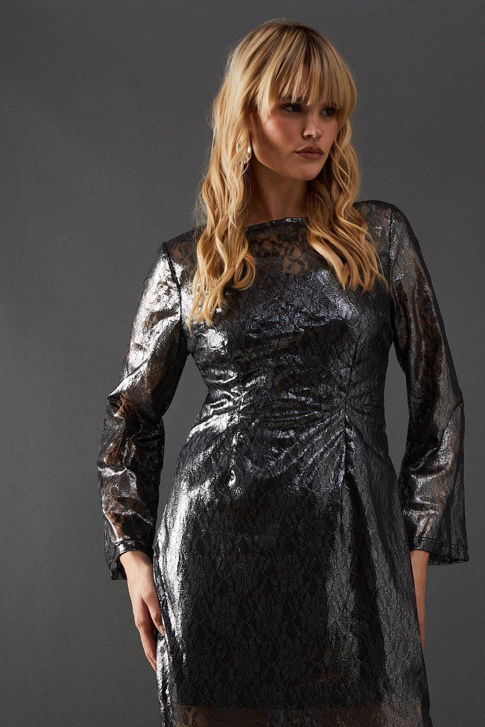 Warehouse Metallic Lace Column Midi Dress Silver image 2