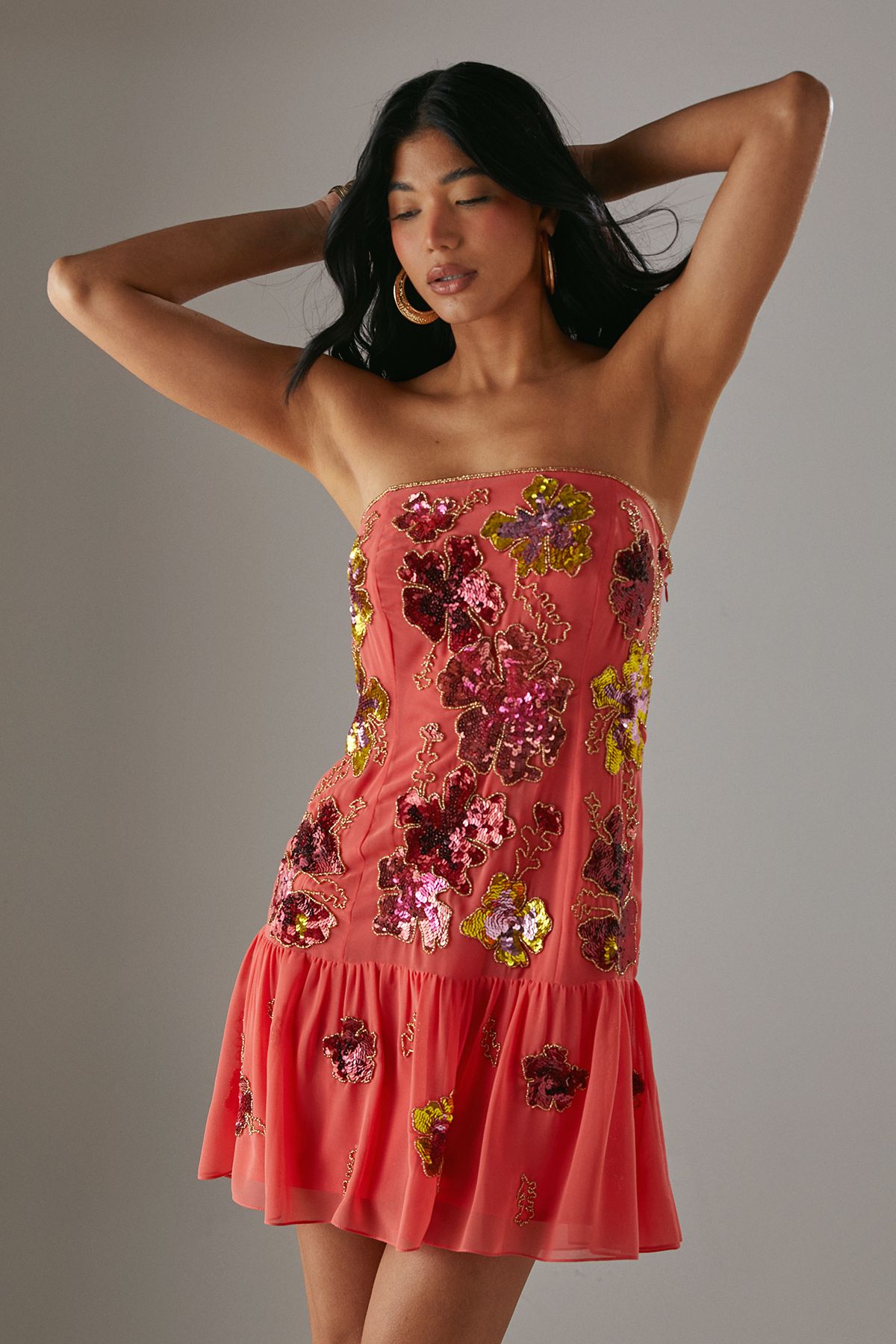 Warehouse Hand Embellished Sequin Structured Bandeau Drop Hem Mini Dress Coral image 4