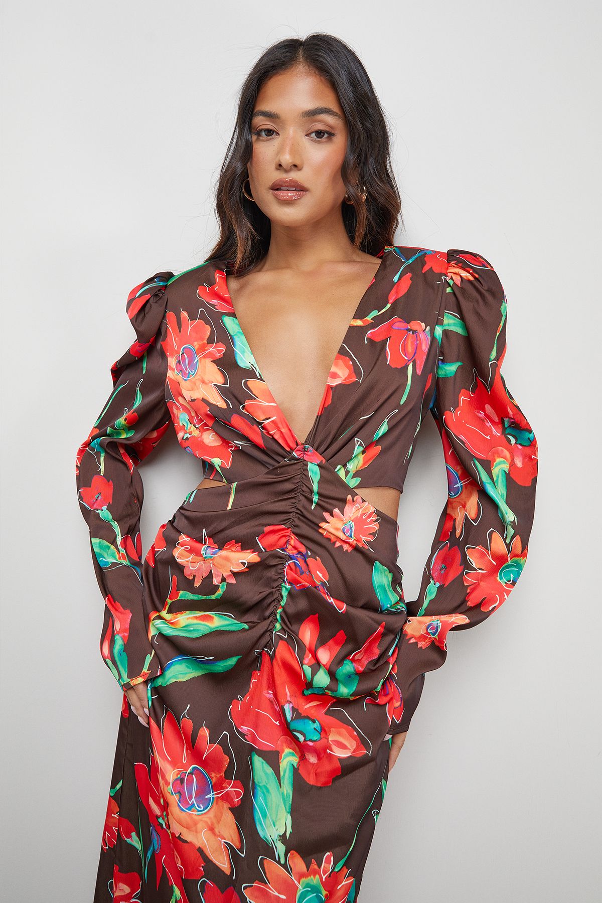 Warehouse Petite Satin Cut Out Waist Plunge Neck Midi Dress Chocolate image 2