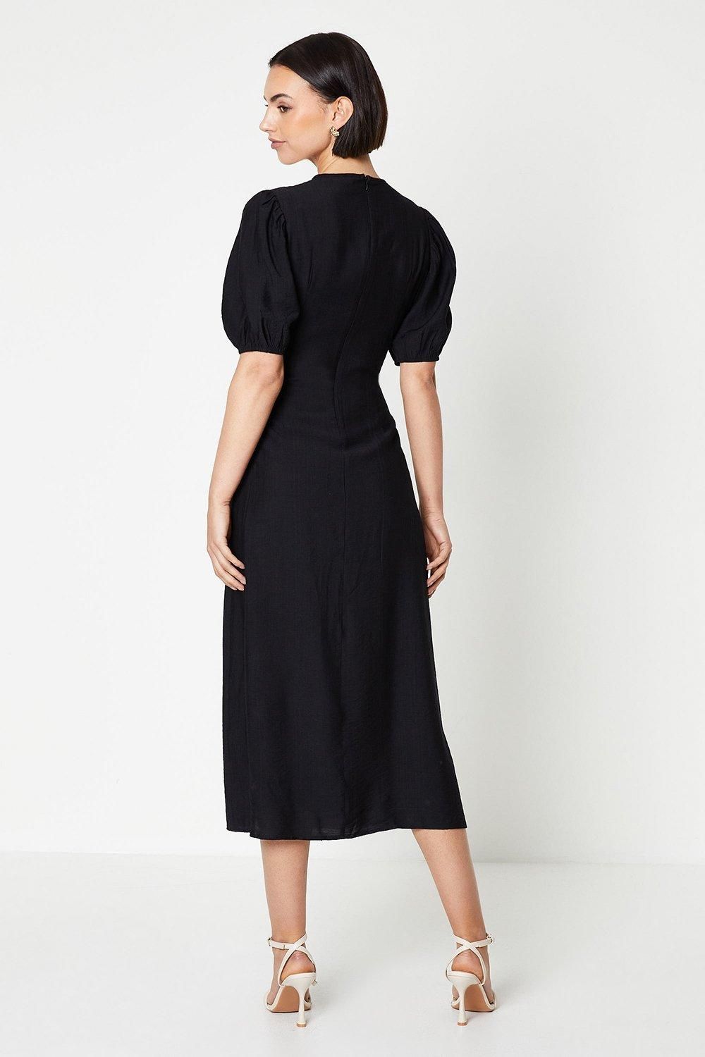 Oasis Shirred Bodice Puff Sleeve Midi Dress Black image 3