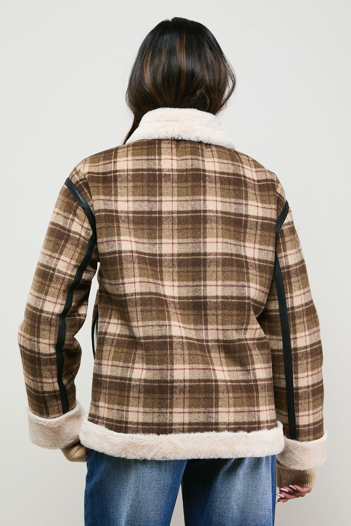 Oasis Shearling Trim Check Coat Chocolate image 3