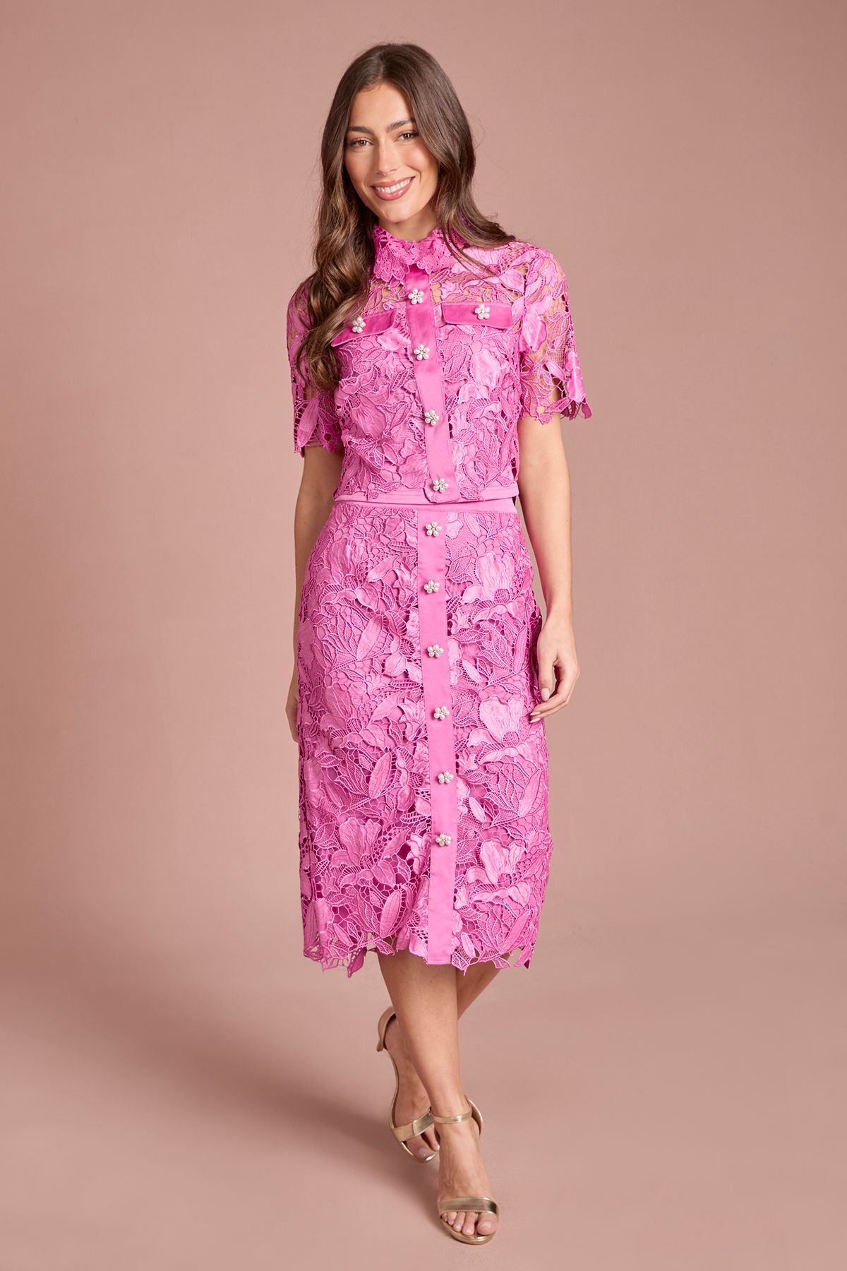 Coast Lace Pearl Button Shirt Pink