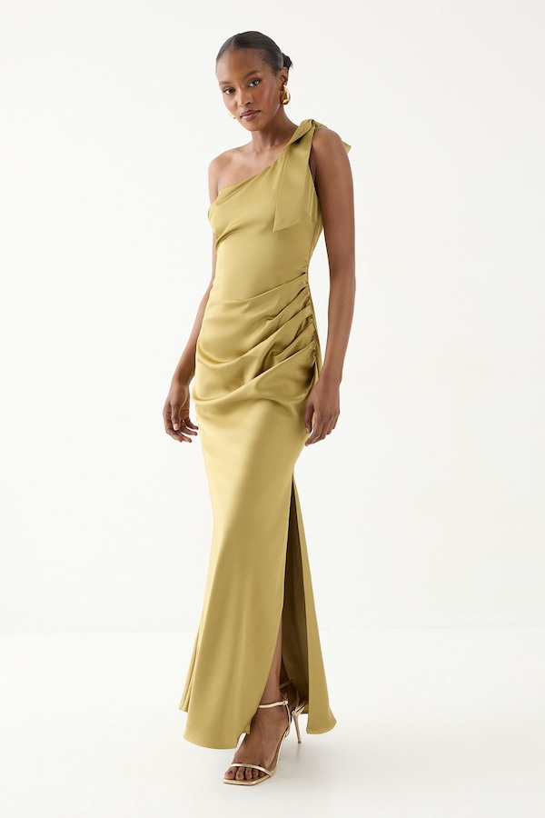 MissPap Asymmetric Shoulder Bow Detail Bridesmaid Dress Olive