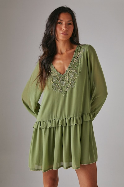 Warehouse Hand Embellished Chiffon Sequin Mini Smock Dress Khaki