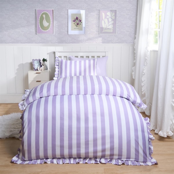 OHS Frill Duvet Cover Bedding Set Pillowcase Stripe Quilt Luxury