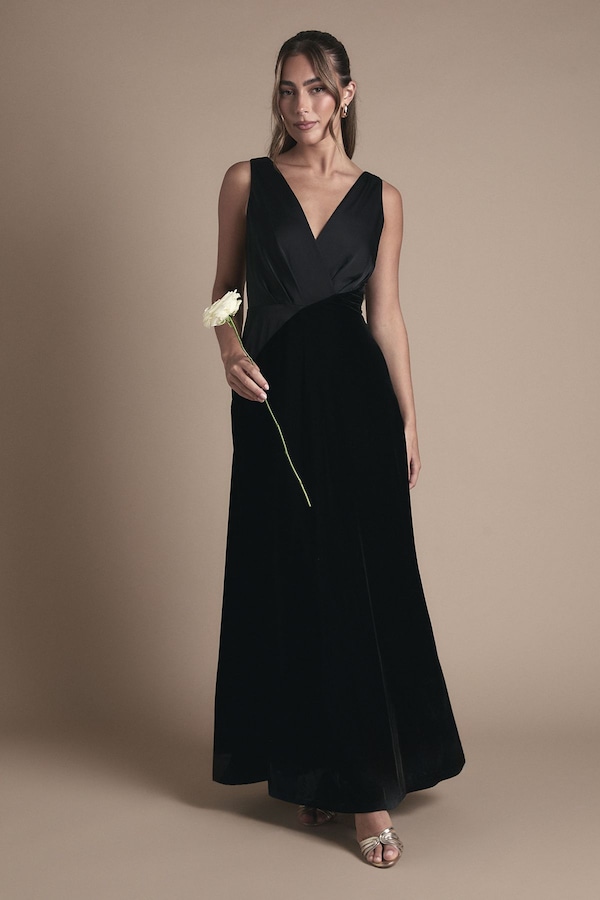 Coast Velvet Contrast V Neck Full Skirt Maxi Bridesmaid Dress Black