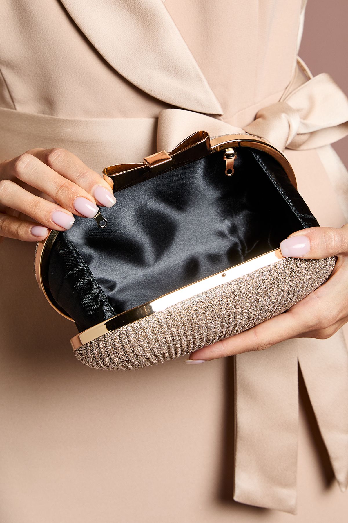 Coast Amy Ruched Metallic Clutch Bag With Bow Clasp Gold image 3