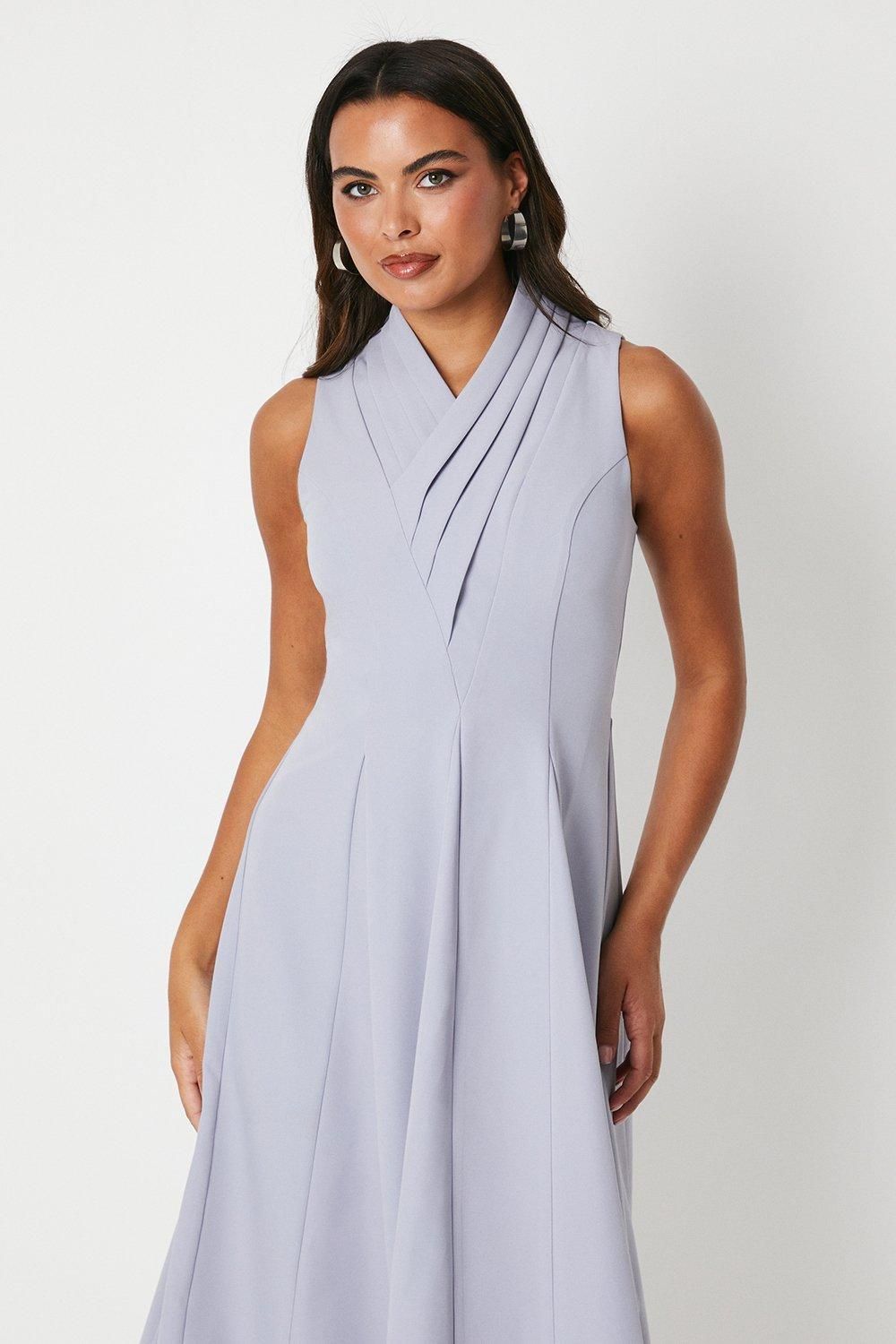 Coast Crepe Pleat Collar Full Skirt Midi Dress Blue image 2