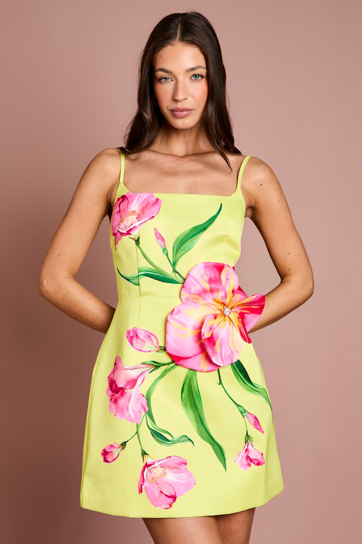 Coast 3D Floral Corsage Satin Mini Dress Yellow image 2