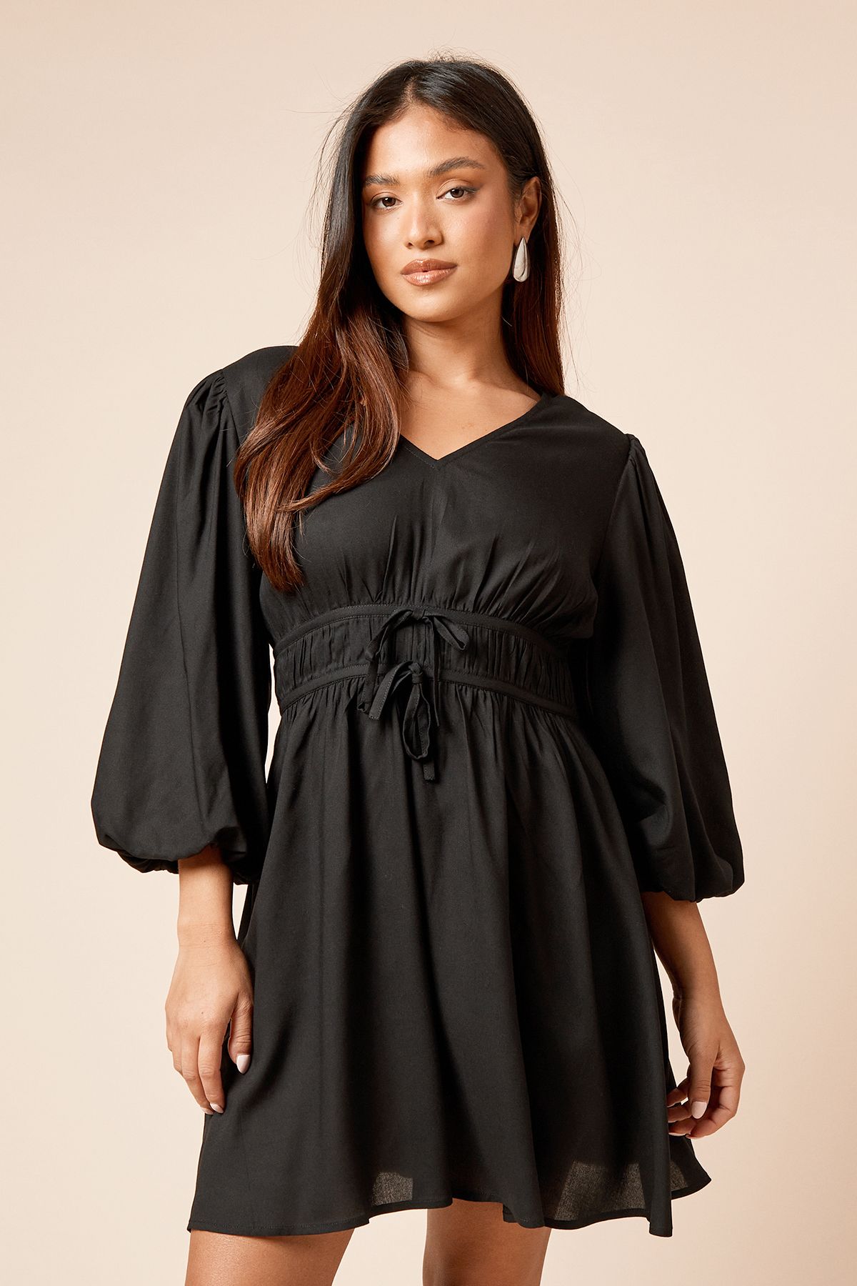 Dorothy Perkins Petite Tie Detail Blouson Sleeve Mini Dress Black image 1