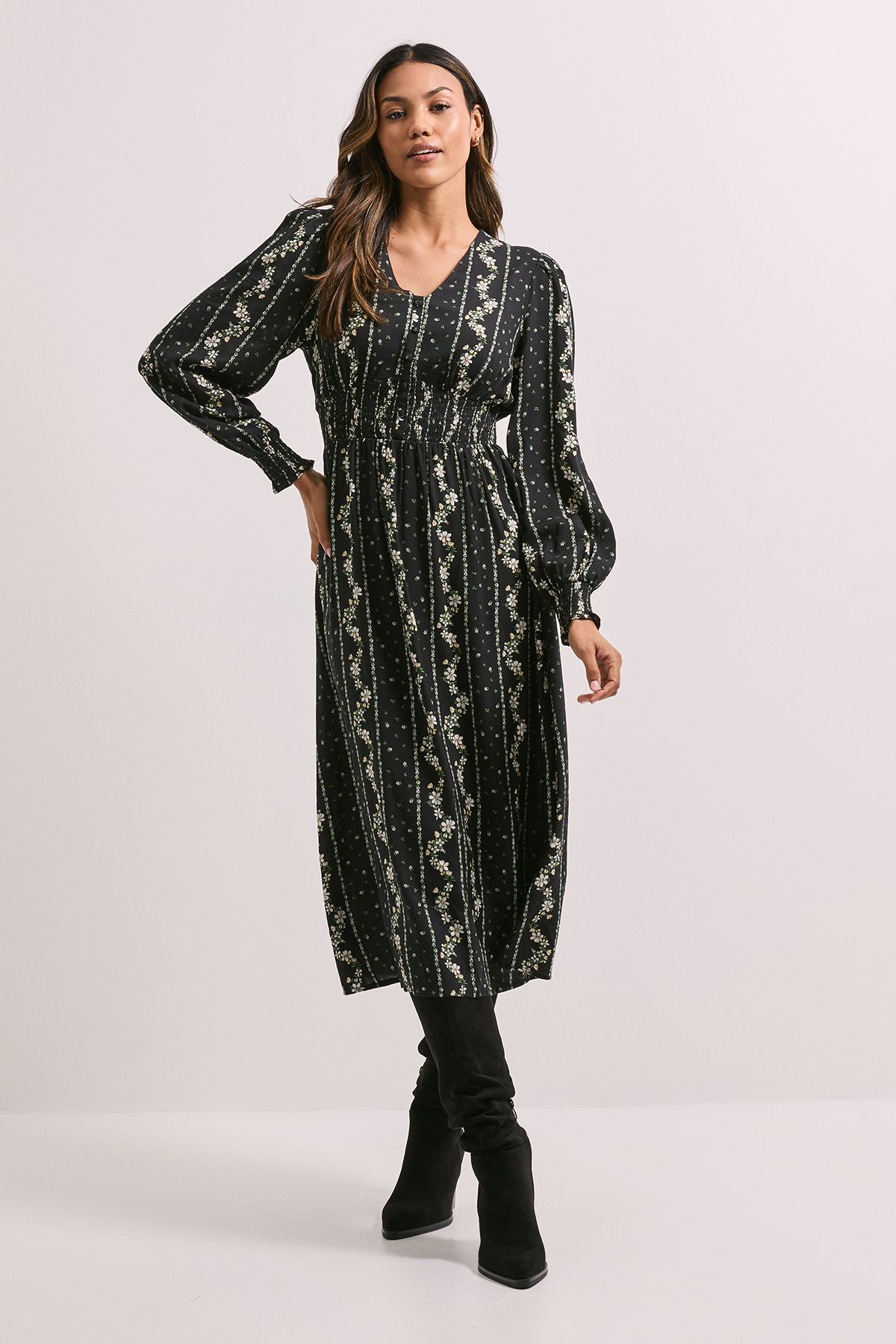 Dorothy Perkins V Neck Button Front Detail Printed Midi Dress Black