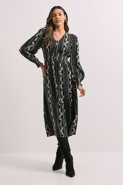 Dorothy Perkins V Neck Button Front Detail Printed Midi Dress Black