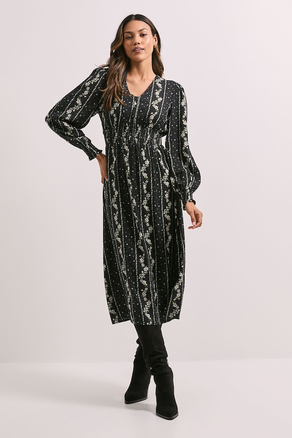 Dorothy Perkins V Neck Button Front Detail Printed Midi Dress Black