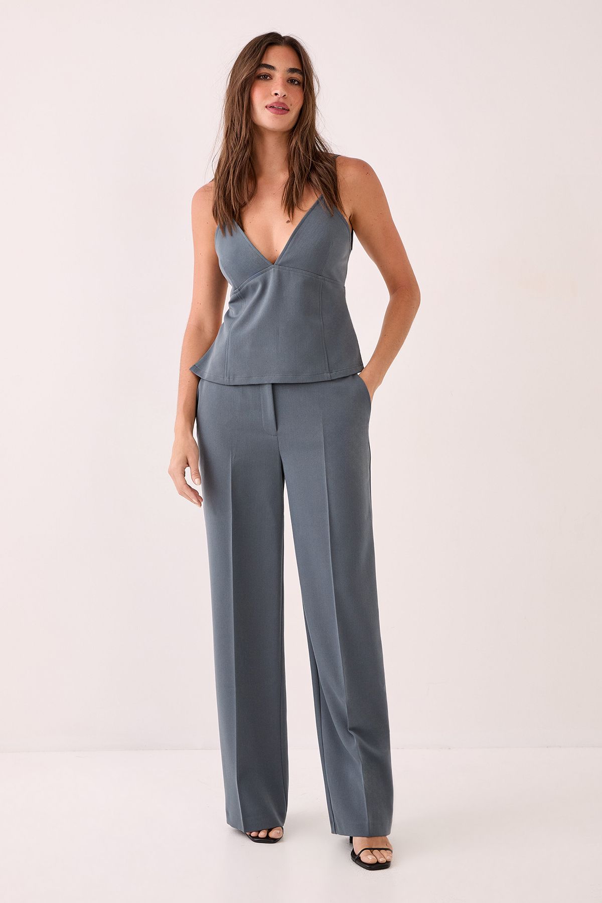 NastyGal Tailored Seam Detail Tie Back Strappy Top Grey image 2