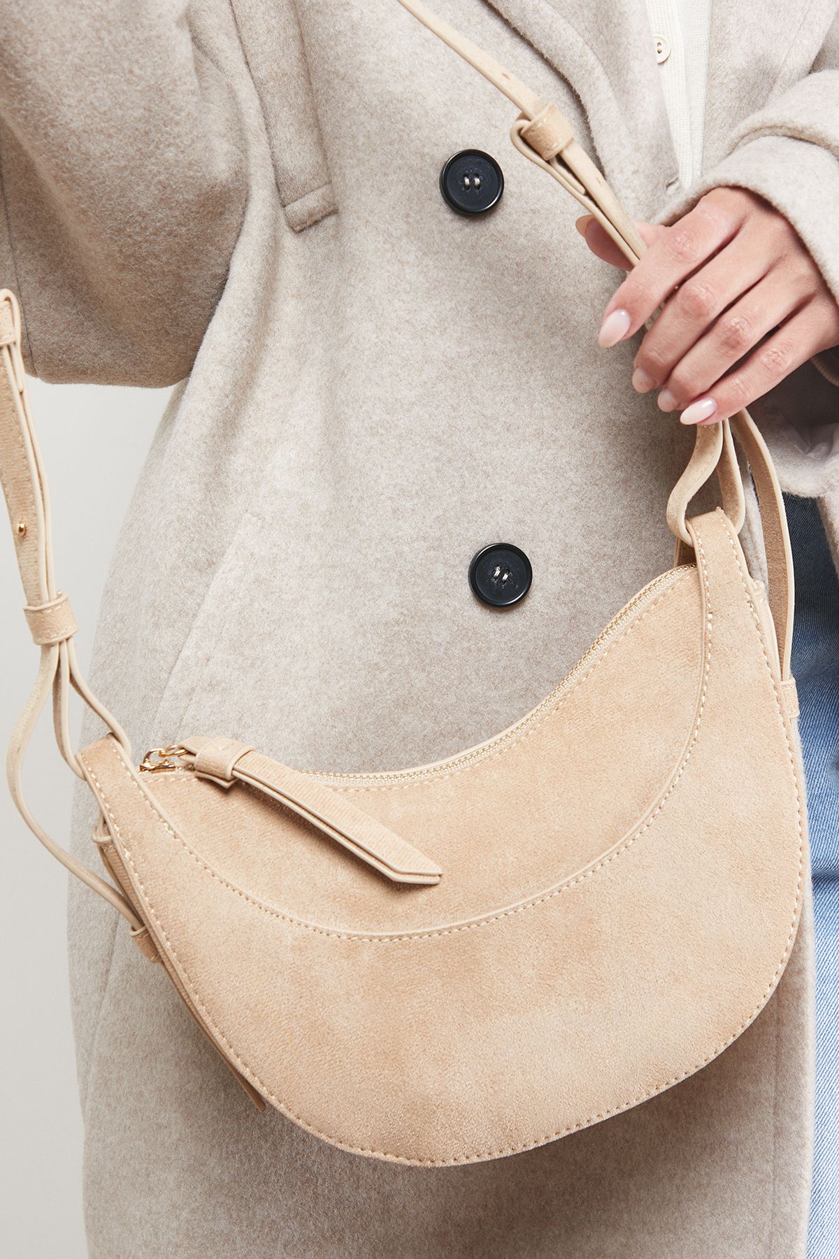 Oasis Relly Faux Suede Half Moon Crossbody Bag Neutral image 2