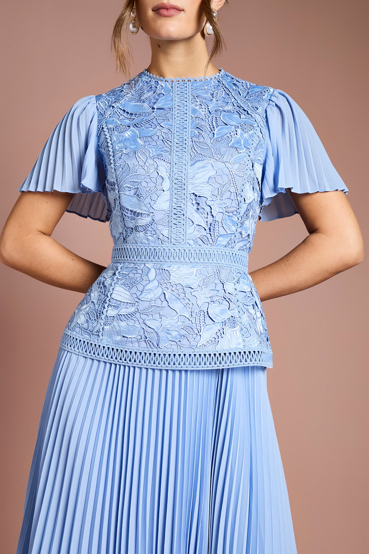 Coast Short Sleeve Satin Lace Midi Dress Powder Blue image 4