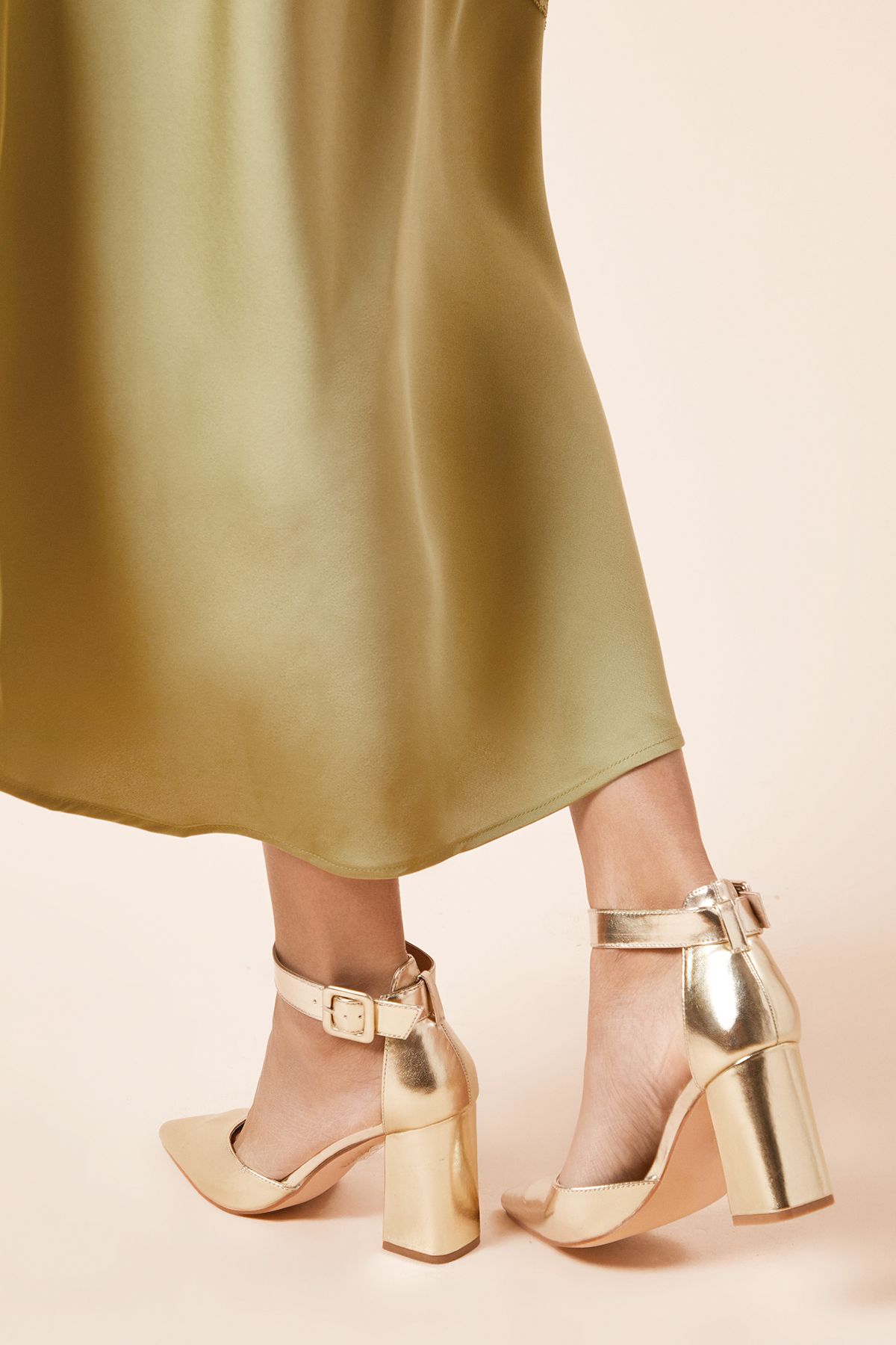 Dorothy Perkins Wide Fit Echo Buckle Detail Ankle Strap Pointed Court Shoes Gold image 3