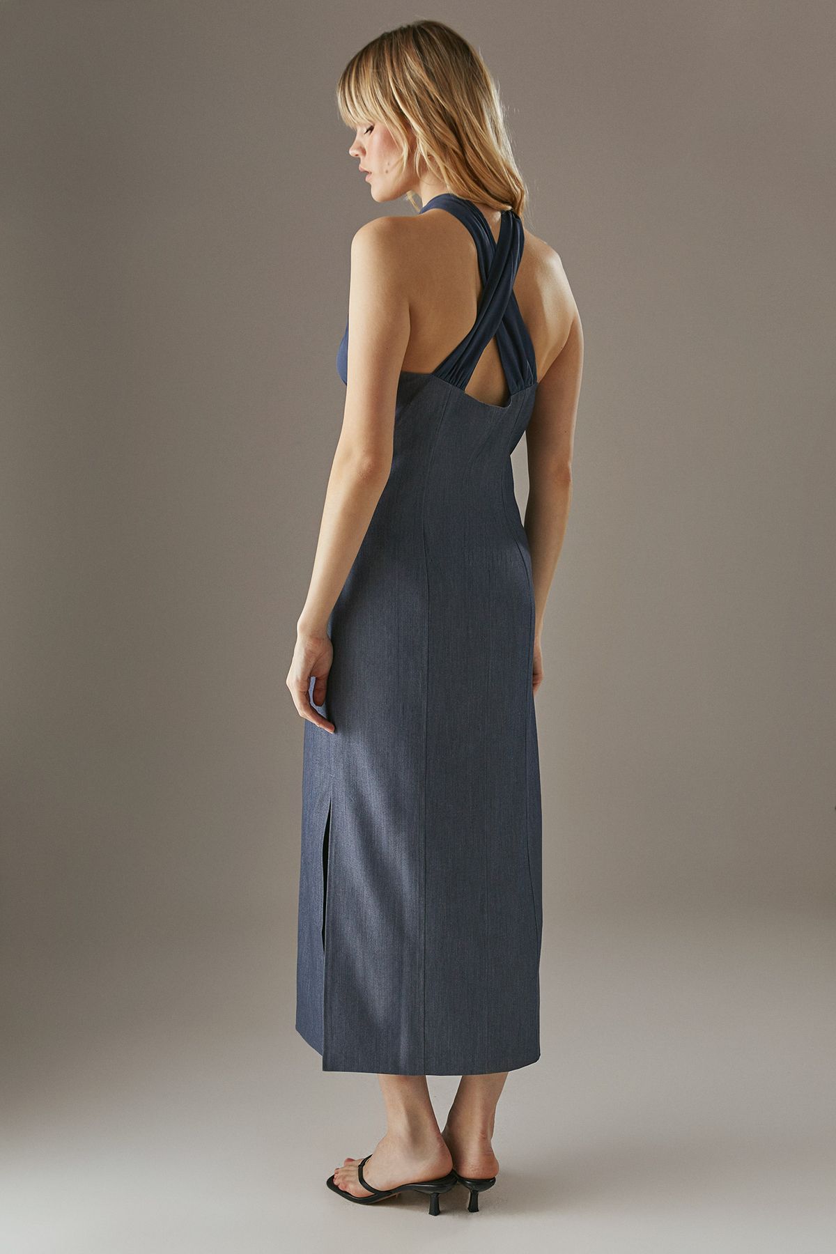 Warehouse Cross Front Georgette And Marl Suiting Midi Dress Dark Blue image 3