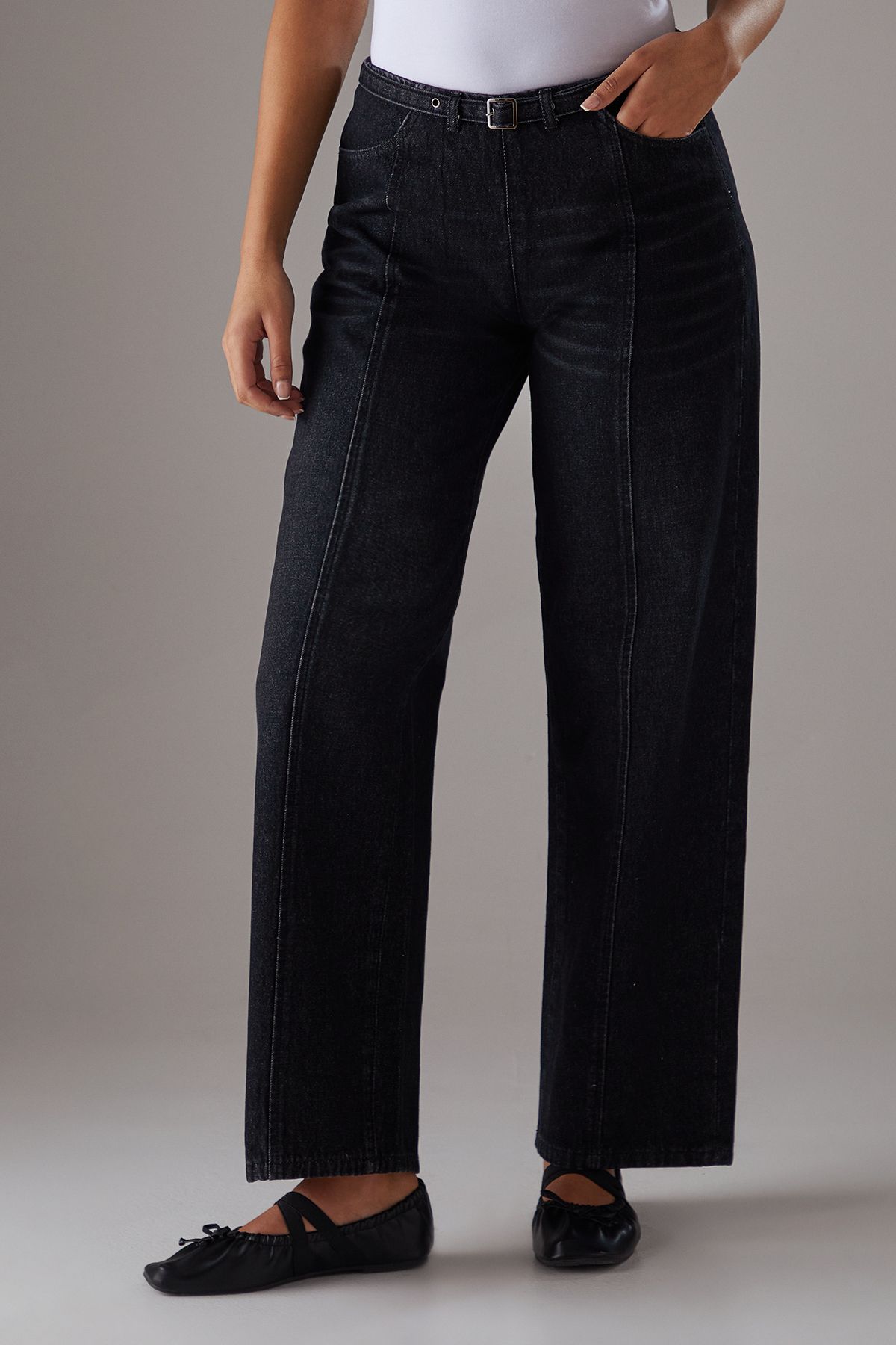 Warehouse Denim Low Rise Seam Detail Belted Wide Leg Jean Washed Black