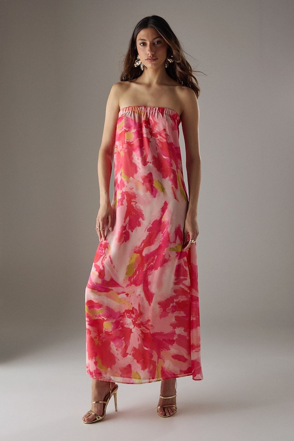 Warehouse Yoryu Chiffon Elasticated Back Bandeau Maxi Dress Floral