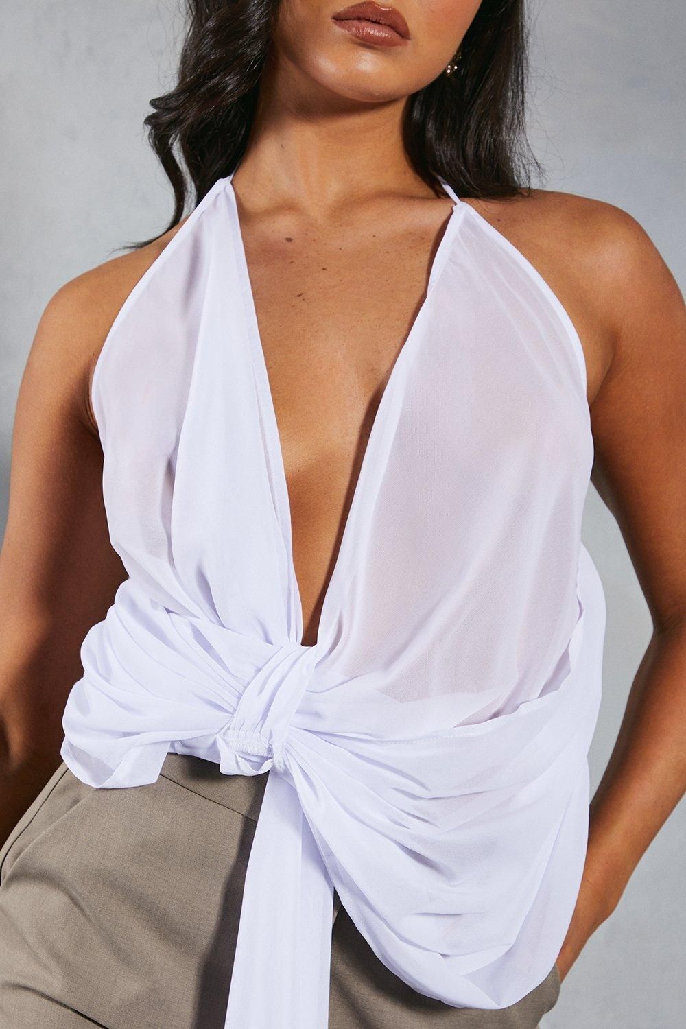 MissPap Chiffon Plunge Draped Detail Halterneck Top White image 4