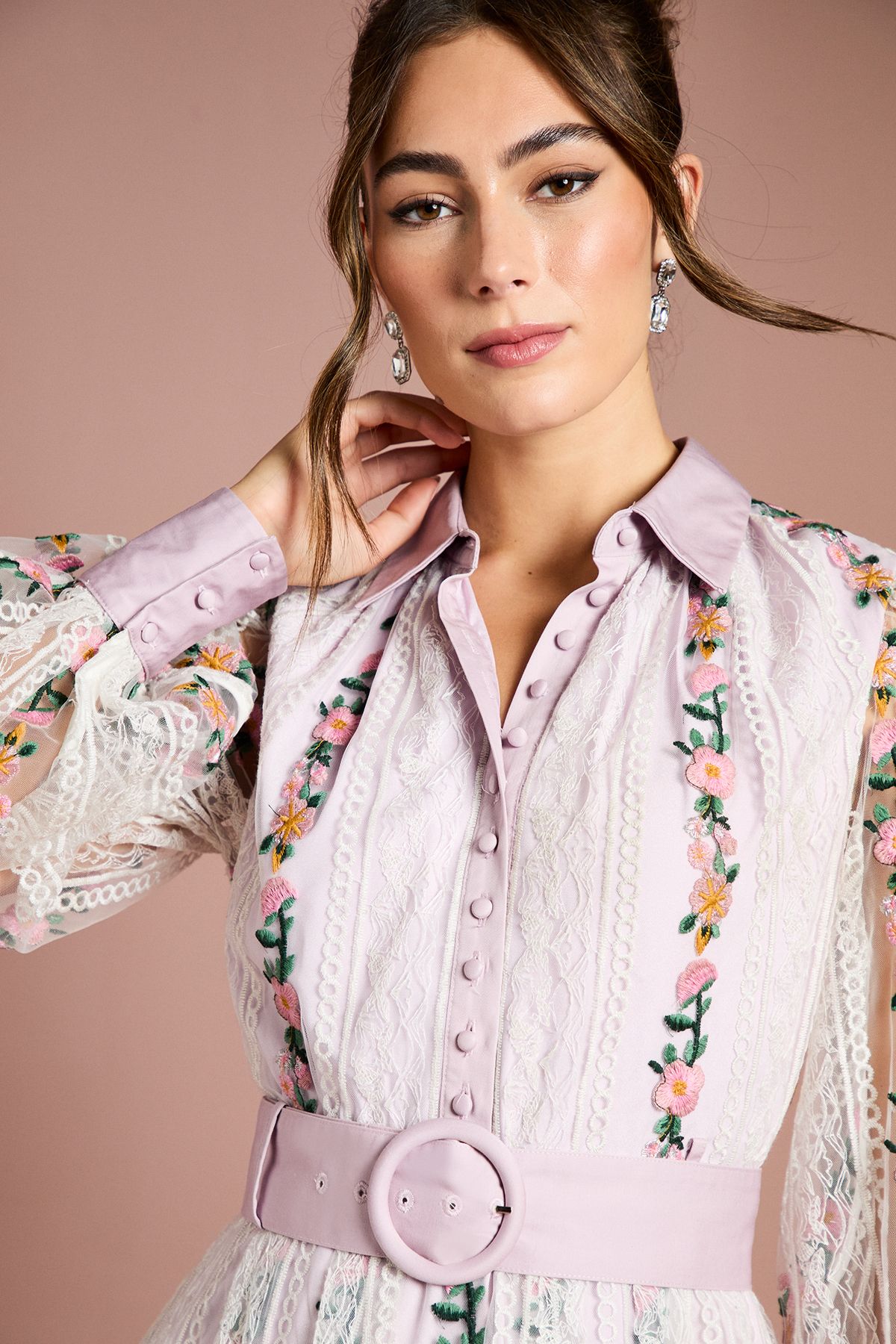 Coast Embroidered Mesh And Lace Blouson Sleeve Belted Midi Dress Lilac image 2