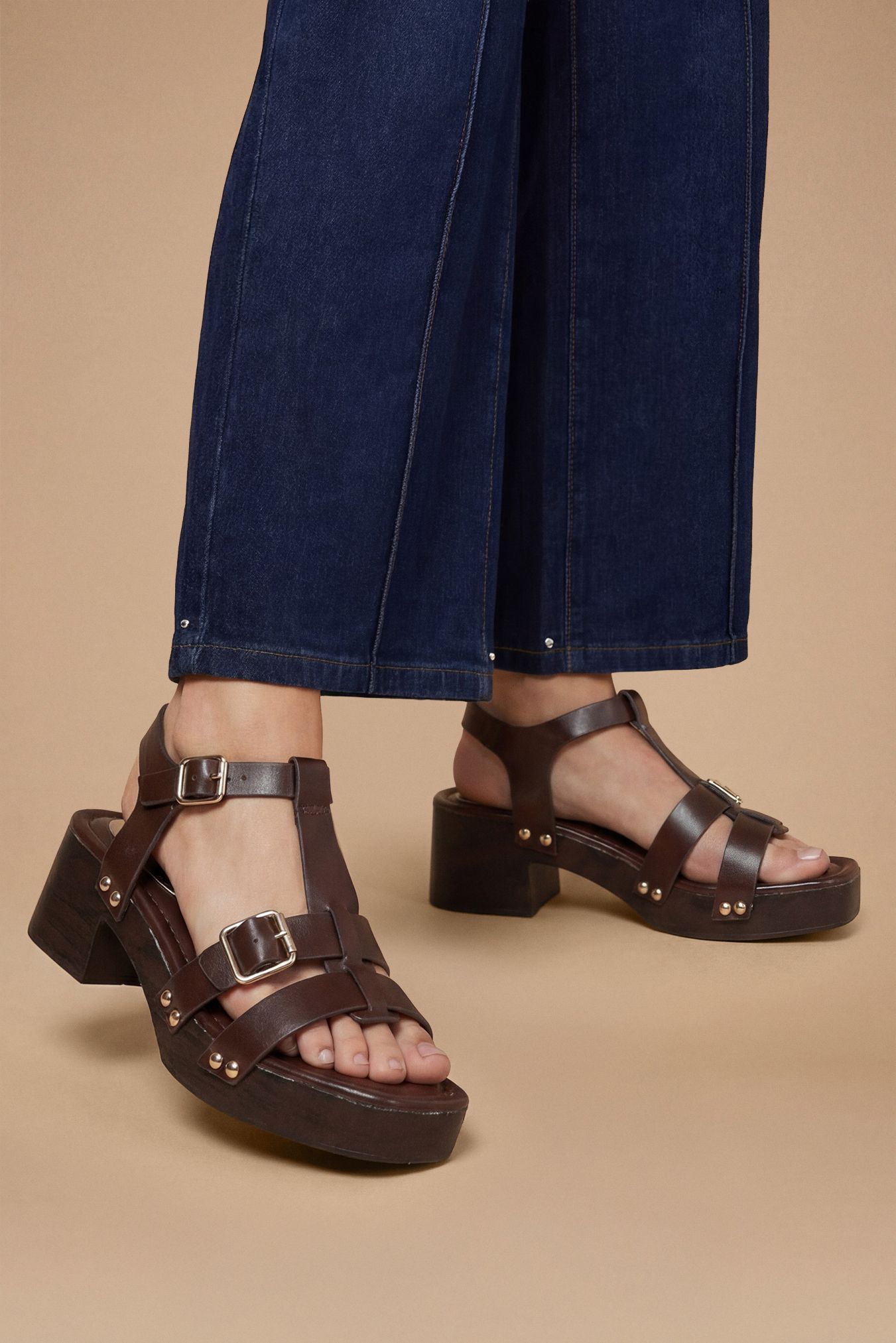 Dorothy Perkins Jasmin Faux Leather Wood Effect Block Heel Platform Sandals Chocolate