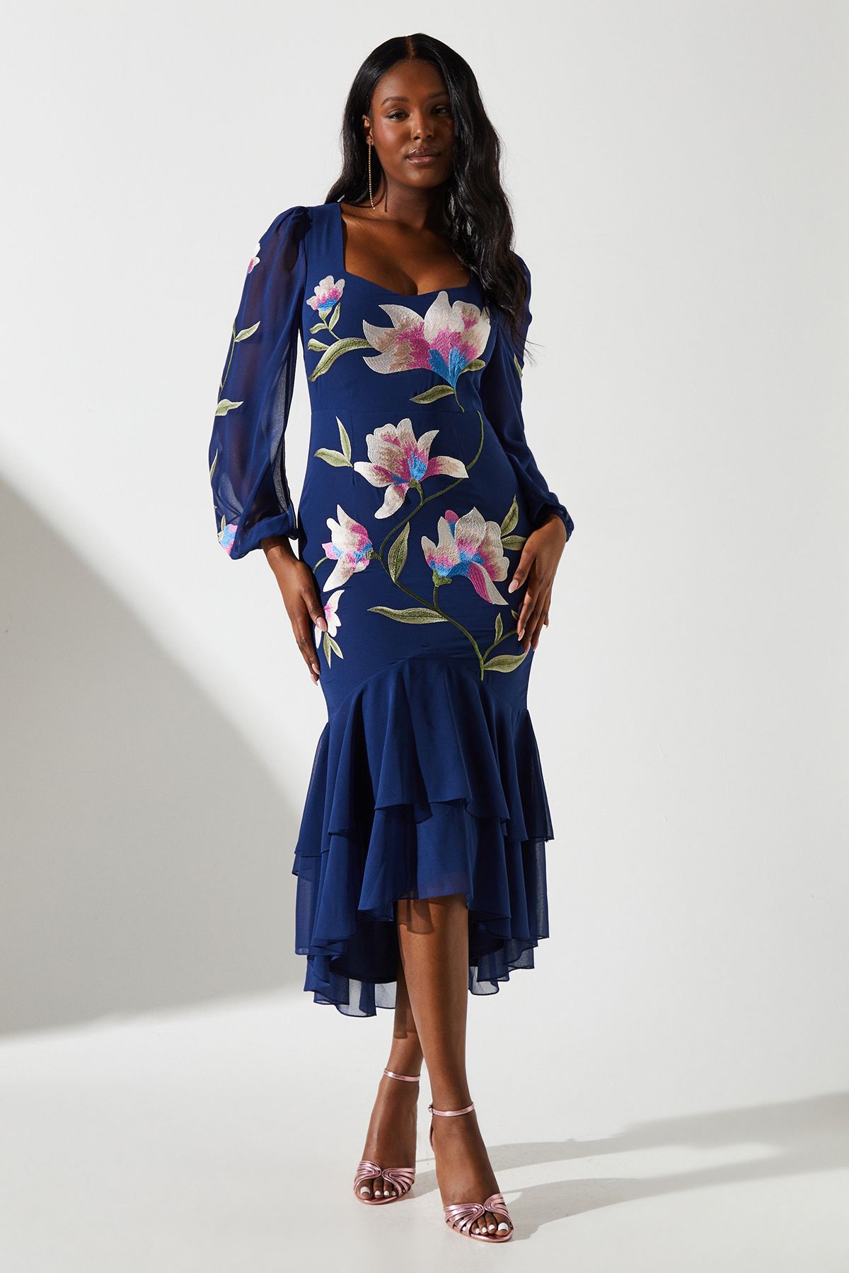 Coast Embroidered Ruffle Long Sleeve Dress Navy image 1