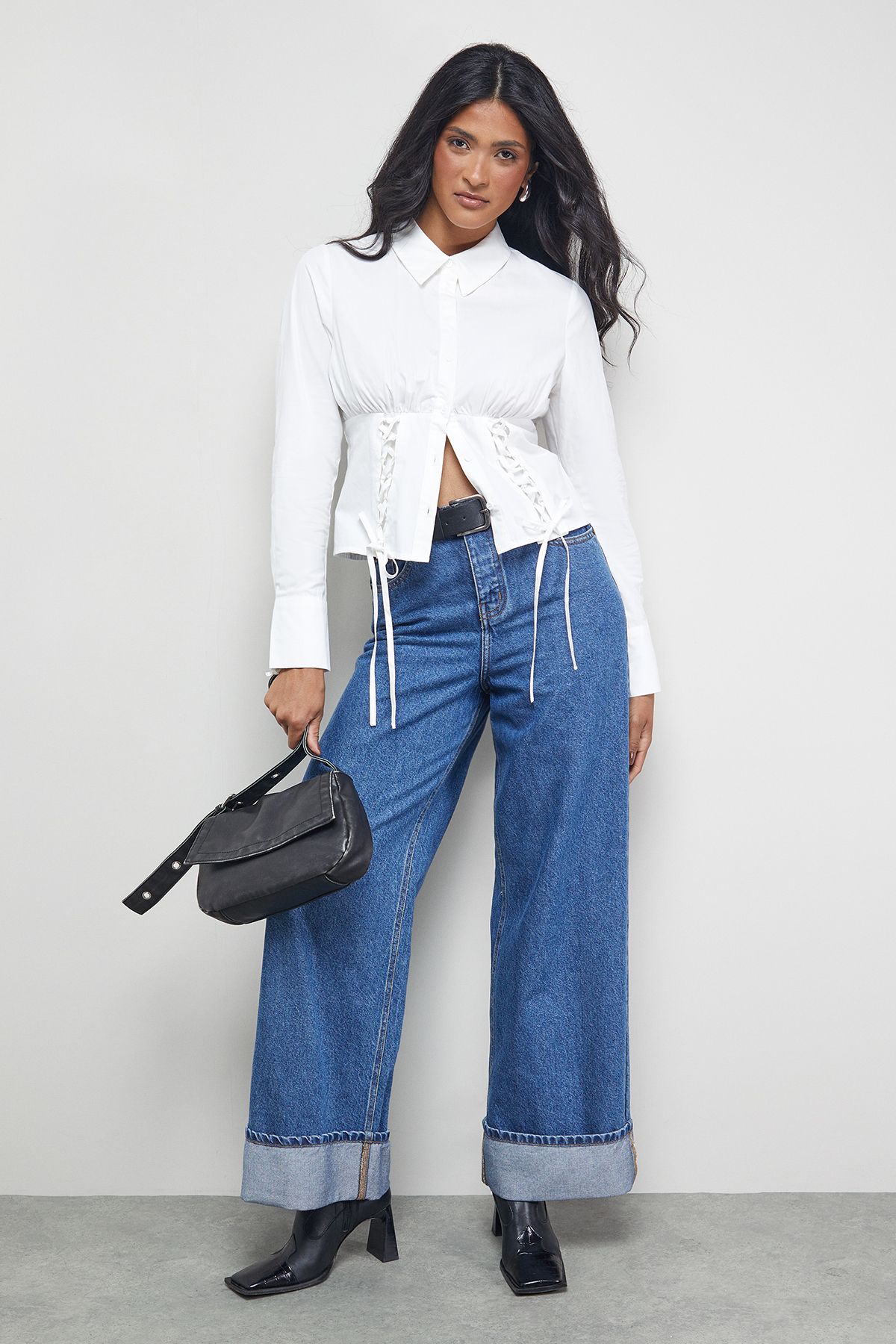 Warehouse Cotton Lattice Front Fitted Waist Shirt White image 2