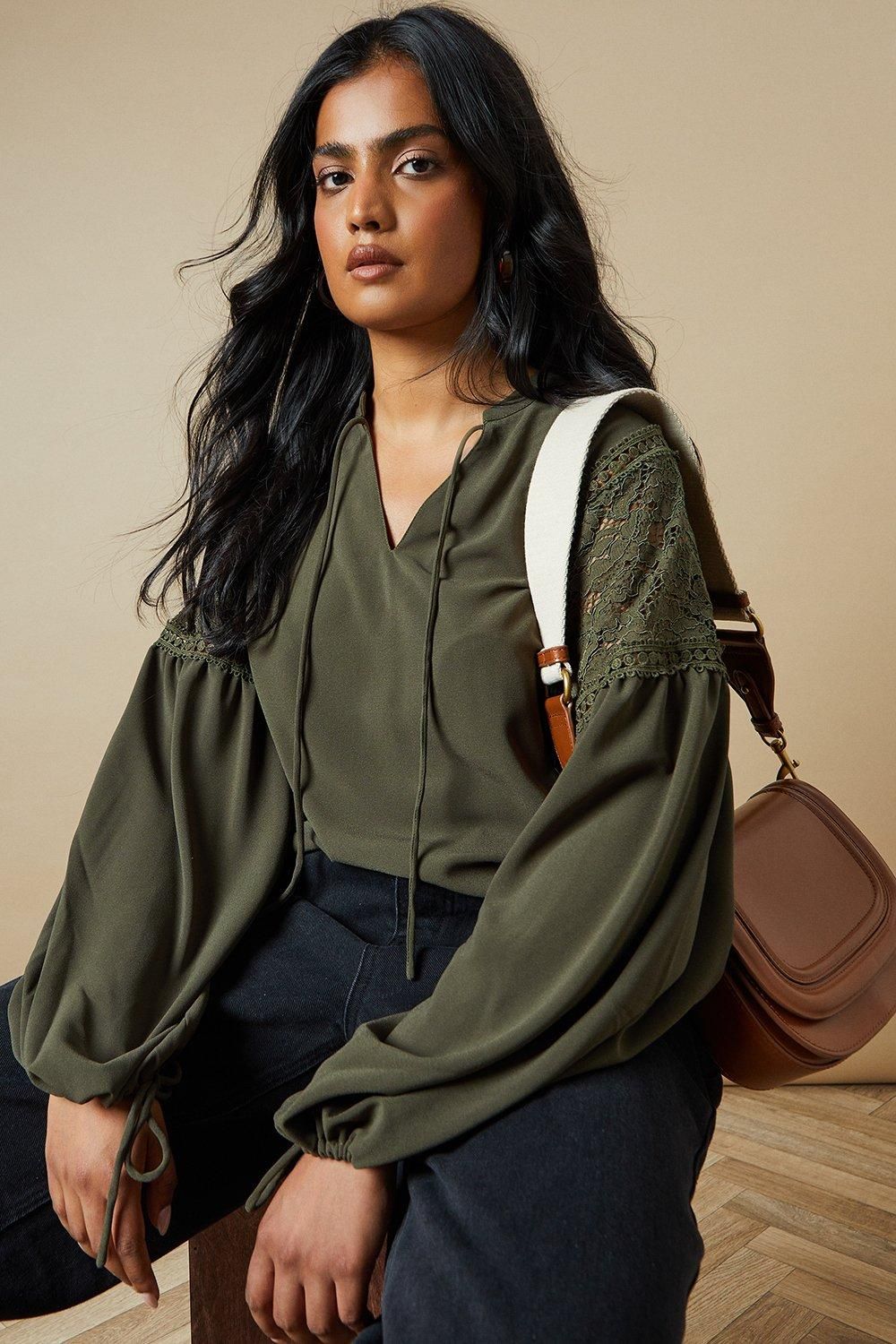 Oasis Lace Trim Tie Neck Crepe Blouse Tan image 1