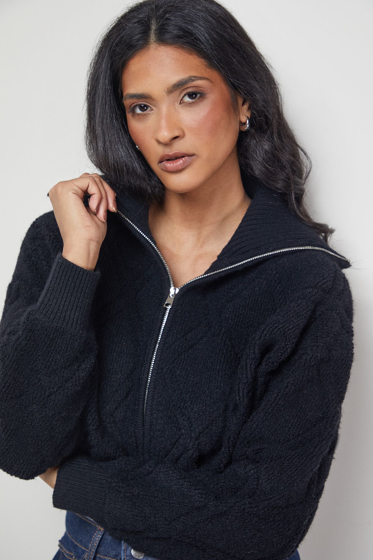 Warehouse Zip Up Chunky Knitted Bomber Black image 4