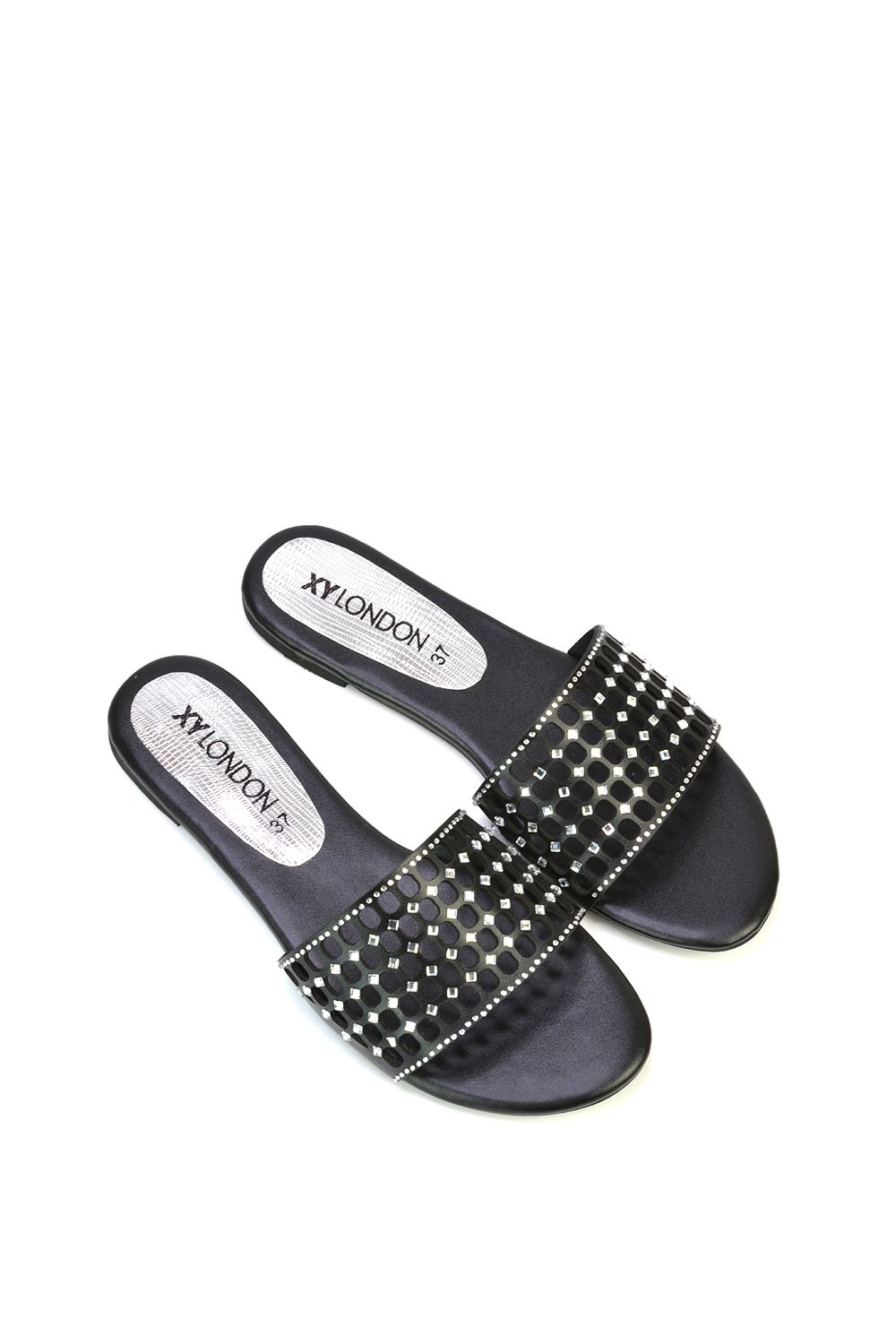 XY London 'Abbie' Mesh Strappy Diamante Slip On Flat Sandals Sliders image 2