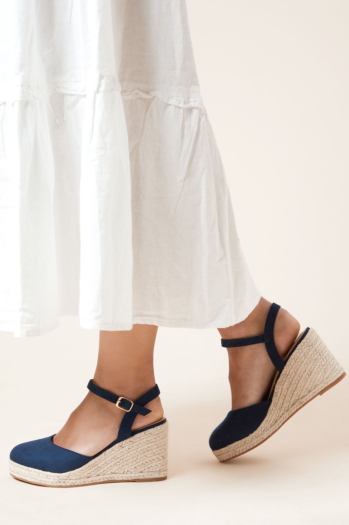 Dorothy Perkins Wide Fit Rumor Faux Suede Closed Toe Espadrille Wedge Sandals Navy image 2