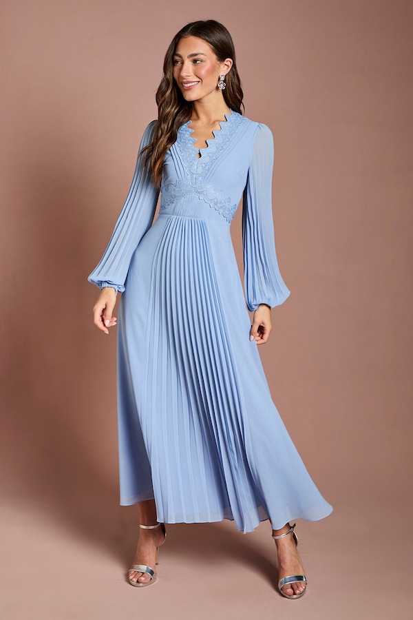 Coast Pleat Detail Lace Trim Maxi Dress Light Blue