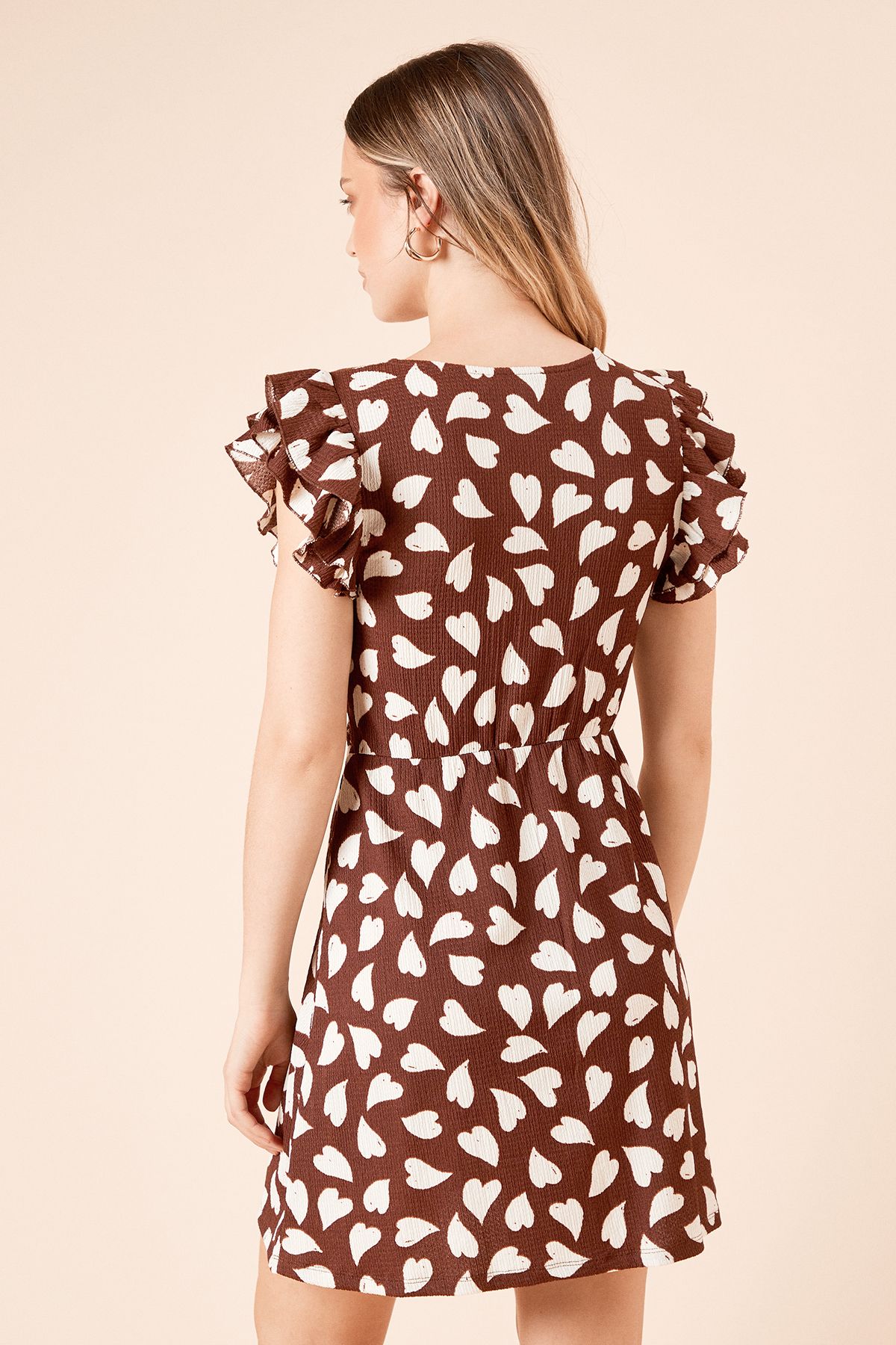 Dorothy Perkins Heart Printed Frill Sleeve V Neck Jersey Mini Dress Brown image 4
