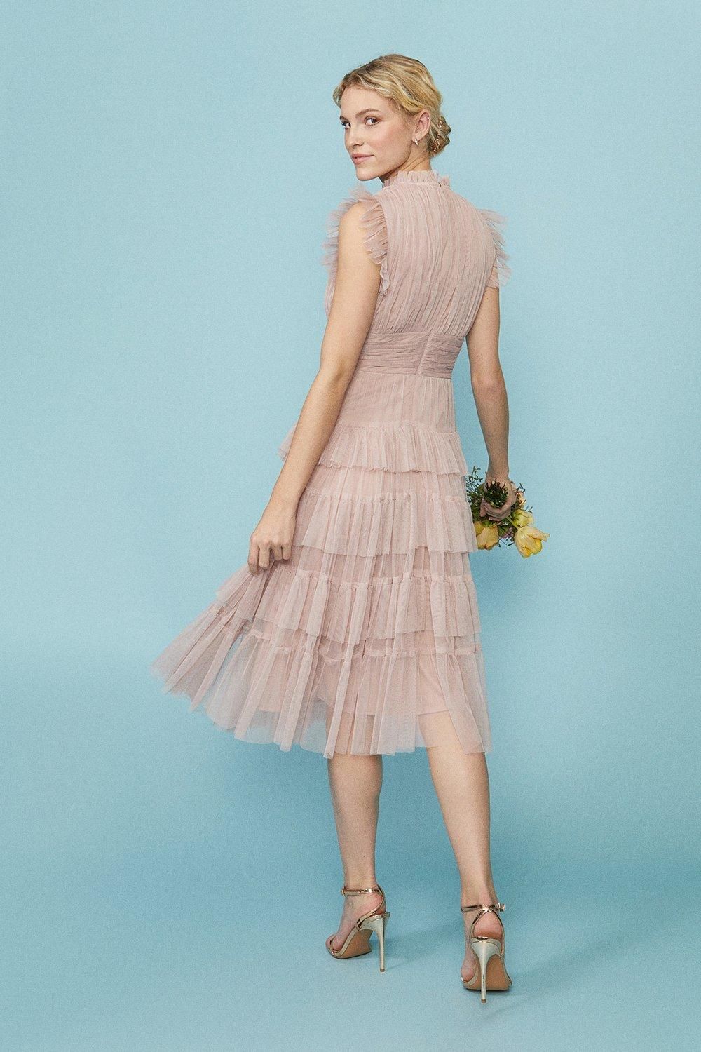 Coast Tulle Tiered Frill Sleeve Dress Blush image 3