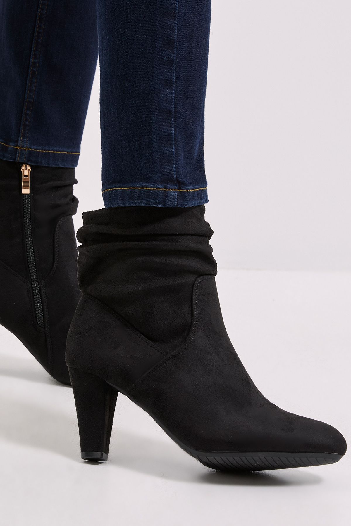 Dorothy Perkins Wide Fit Ally Faux Suede Ruched High Heeled Ankle Boots Natural Black image 3