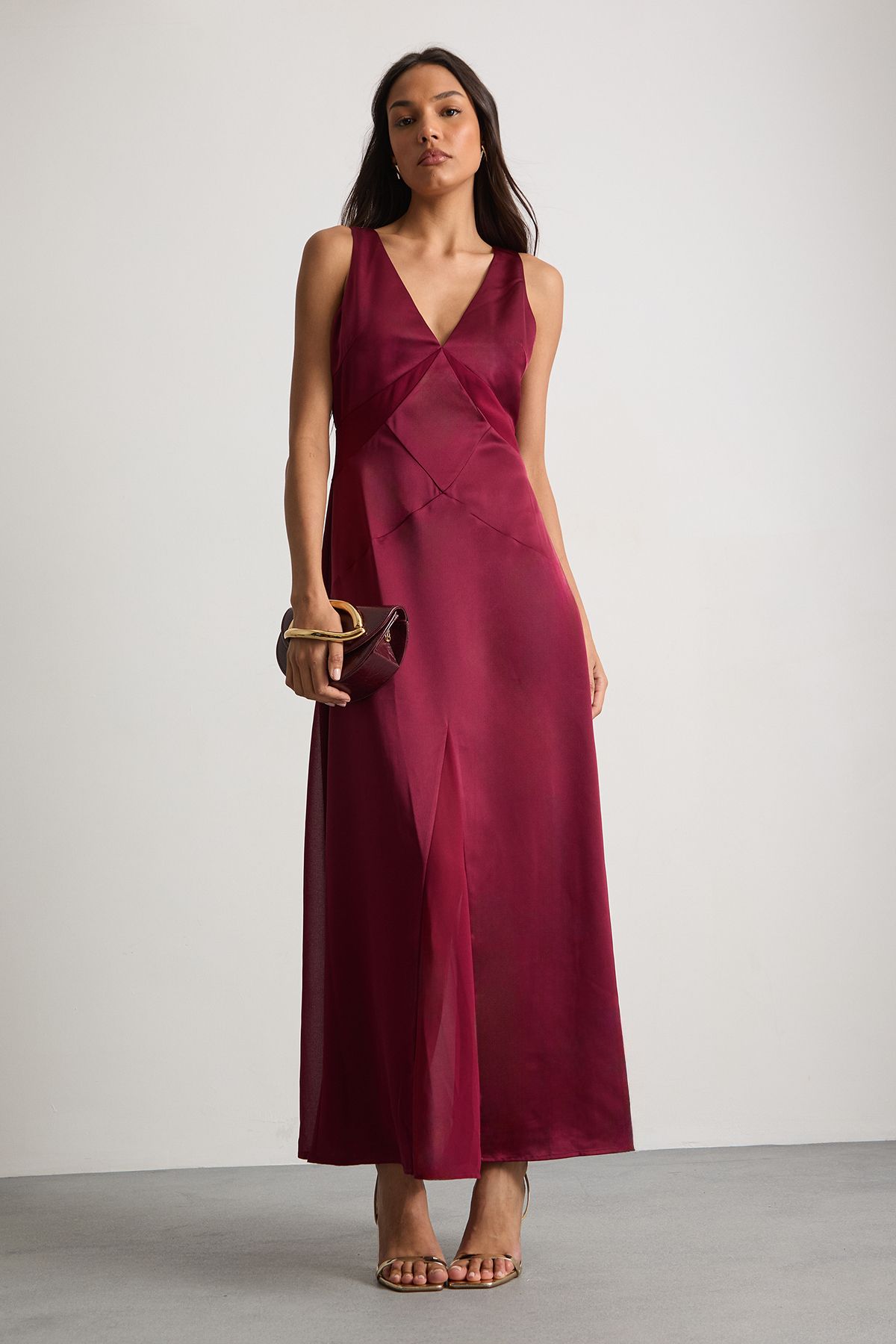Warehouse Satin And Chiffon Mix Midaxi Dress Cherry image 1