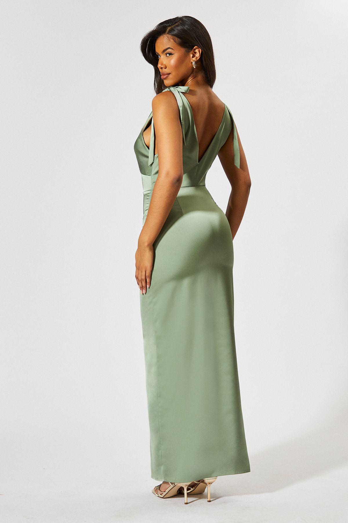 MissPap Premium Satin Tie Shoulder Bridesmaid Dress Sage image 4