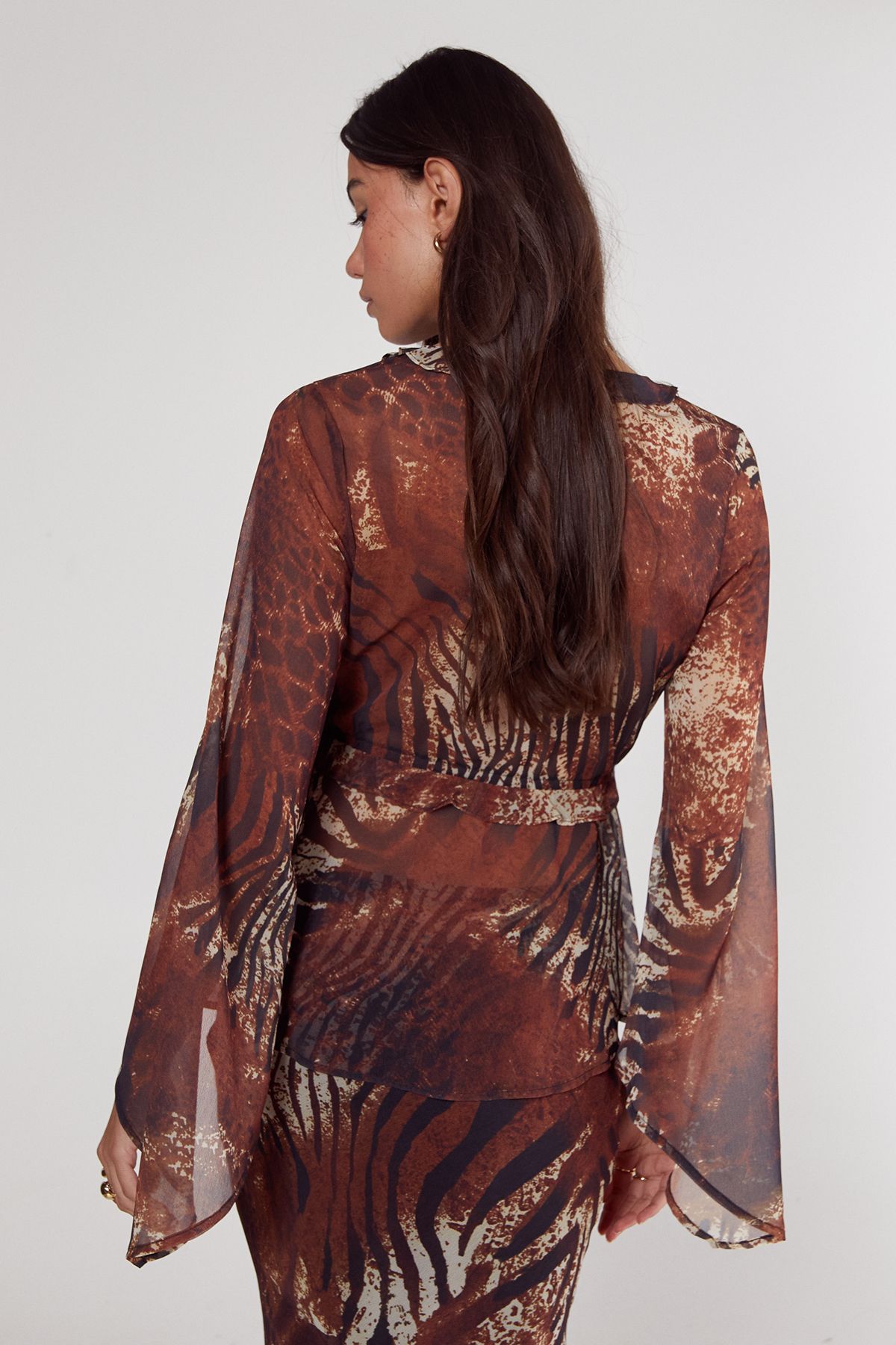 NastyGal Mixed Animal Crinkle Chiffon Ruffle Tie Front Blouse Tan image 4